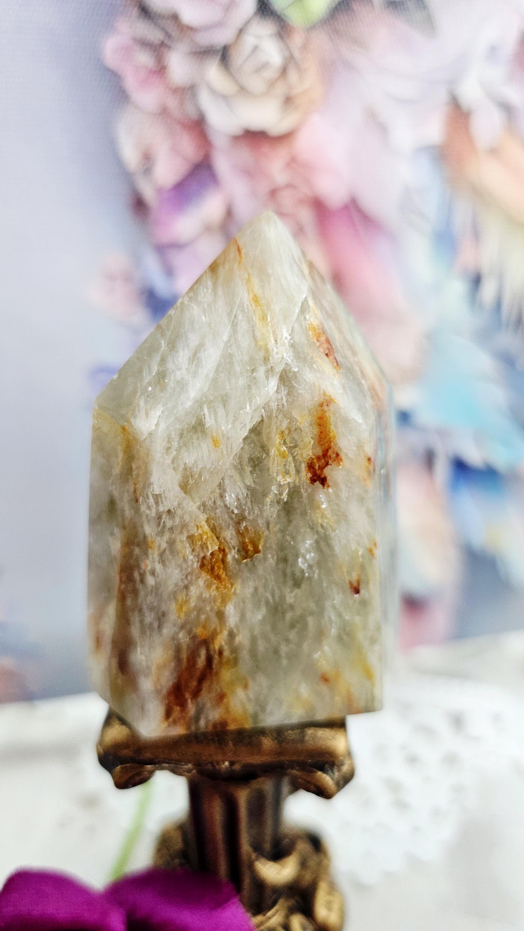 Green Amethyst Golden Healer Tower, Calming Heart Chakra Crystal, Solar Plexus Motivation