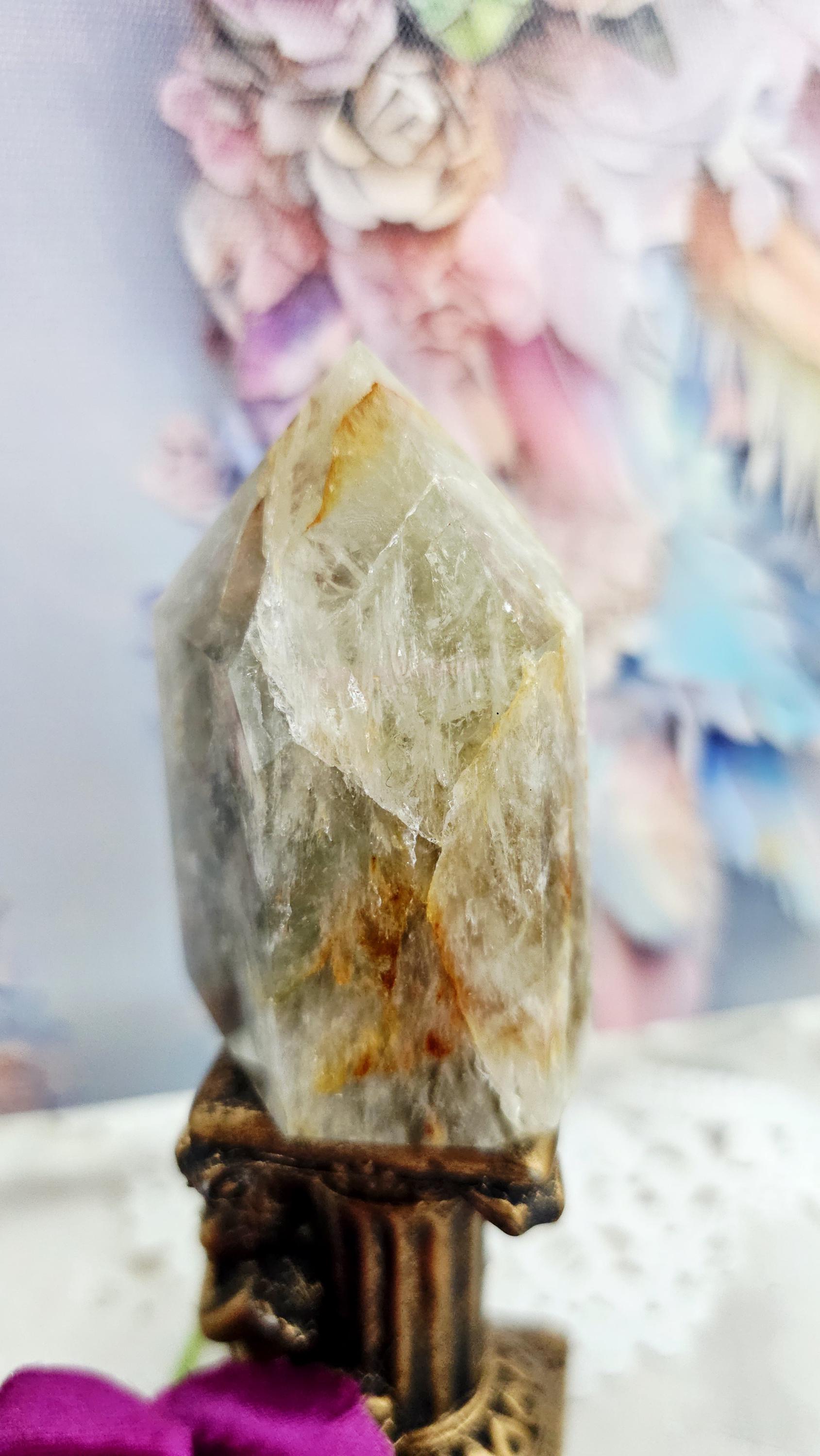 Green Amethyst Golden Healer Tower, Calming Heart Chakra Crystal, Solar Plexus Motivation