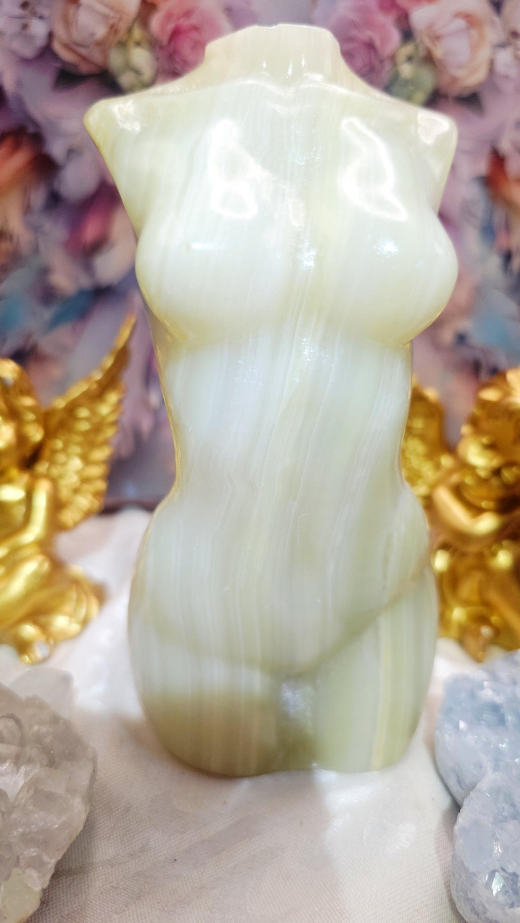 Large Onyx Goddess Body Sculpture, Green Yellow Stripes, Clarity Stone