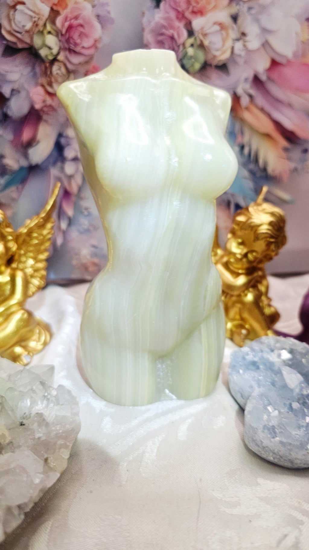Large Onyx Goddess Body Sculpture, Green Yellow Stripes, Clarity Stone