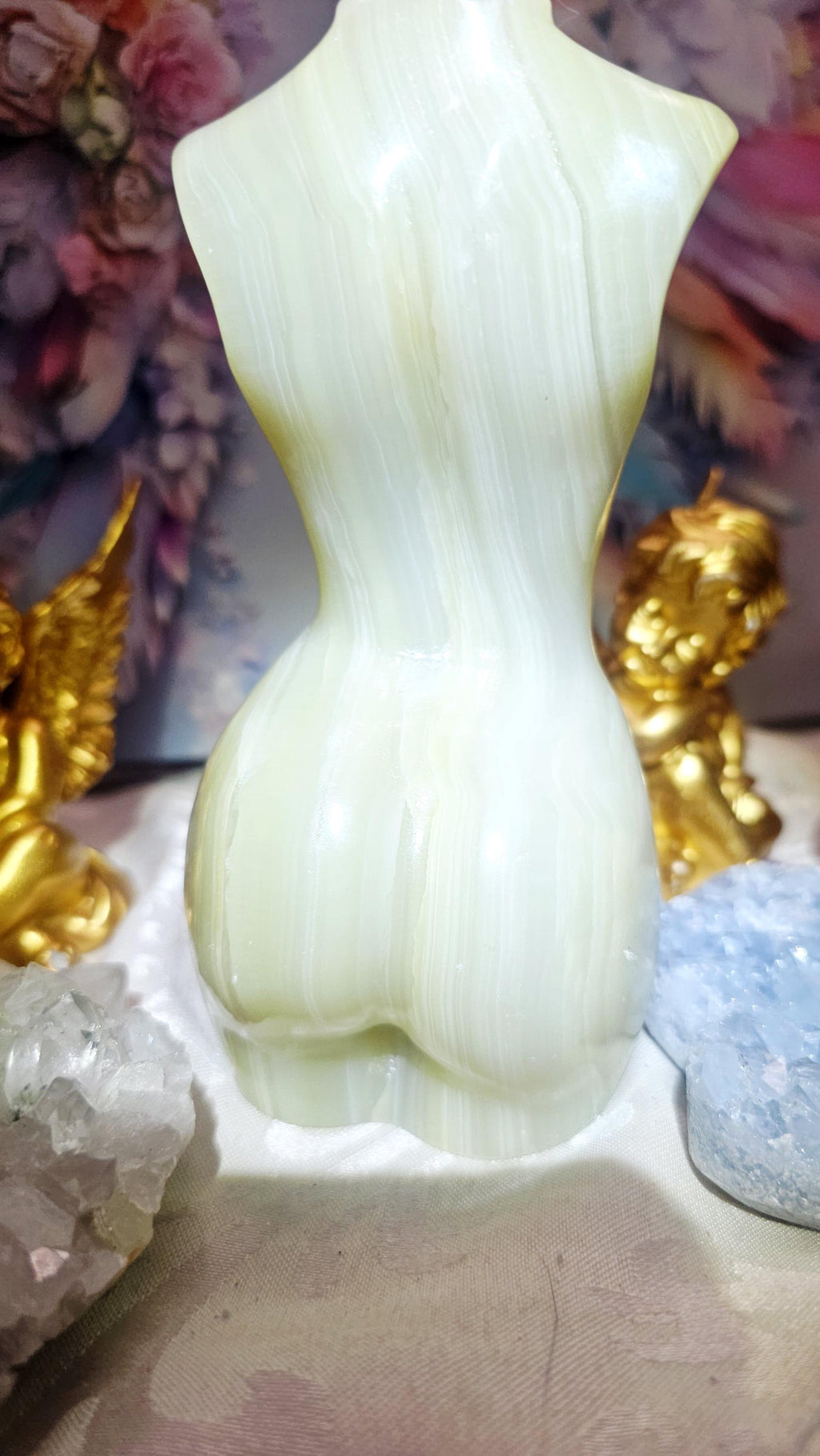 Large Onyx Goddess Body Sculpture, Green Yellow Stripes, Clarity Stone
