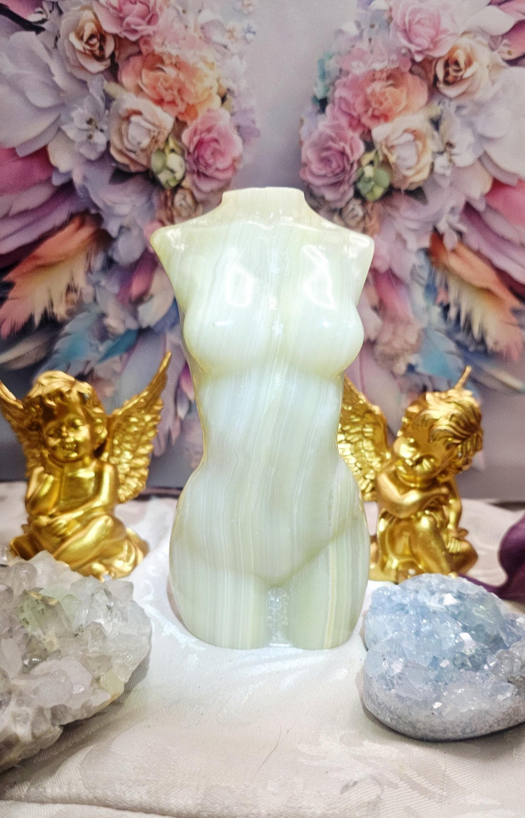 Large Onyx Goddess Body Sculpture, Green Yellow Stripes, Clarity Stone