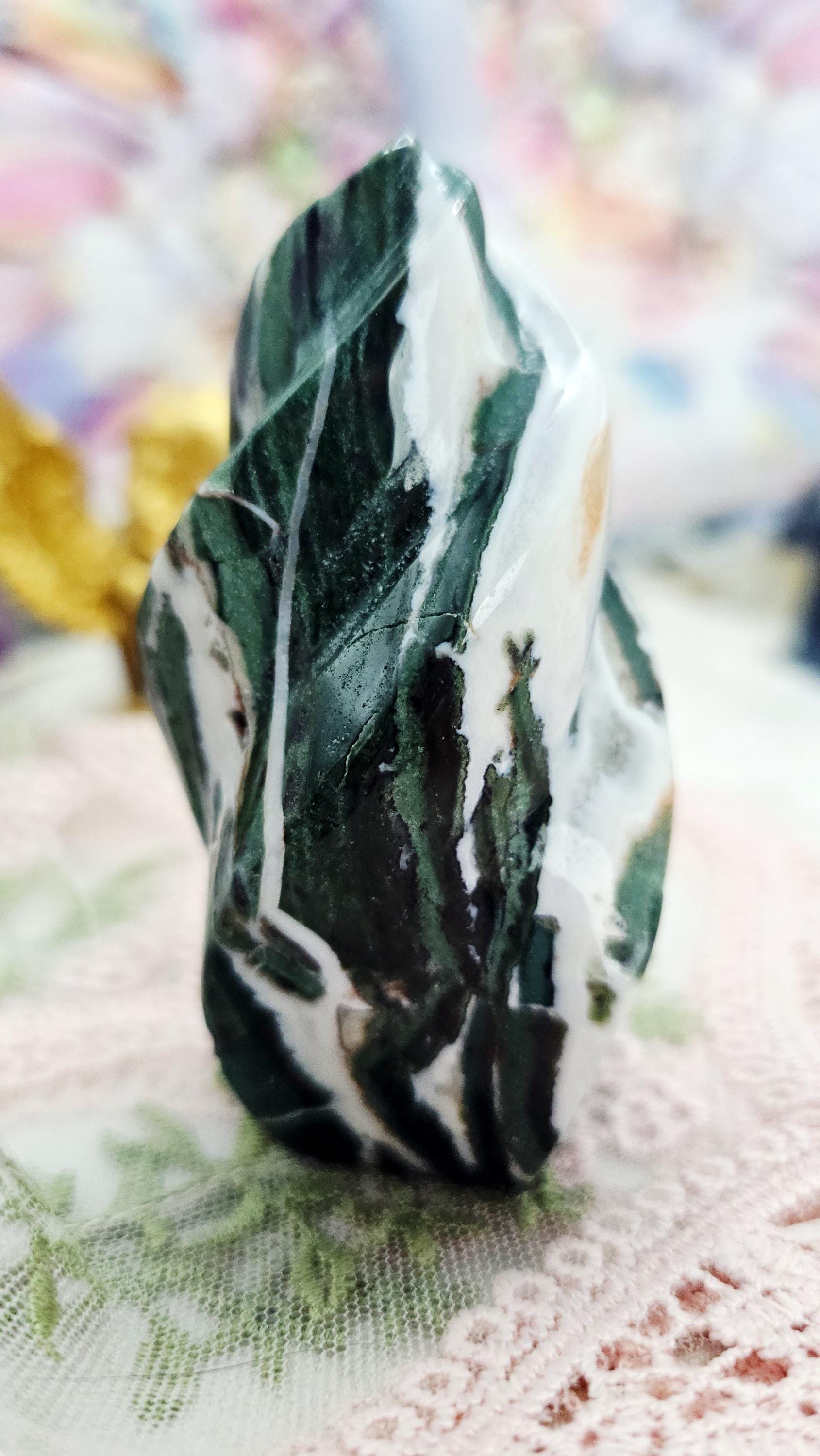 Moss Agate Unicorn Horn Flame, Home Decor, Crystal Gift