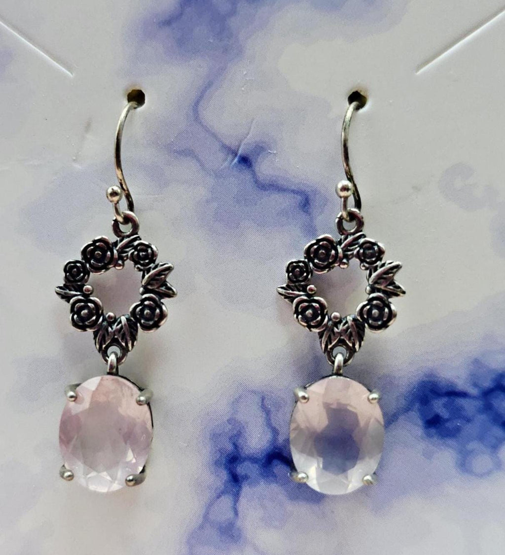 Handmade Mozambique Rose Quartz Heart Earrings, 925 Silver Earrings