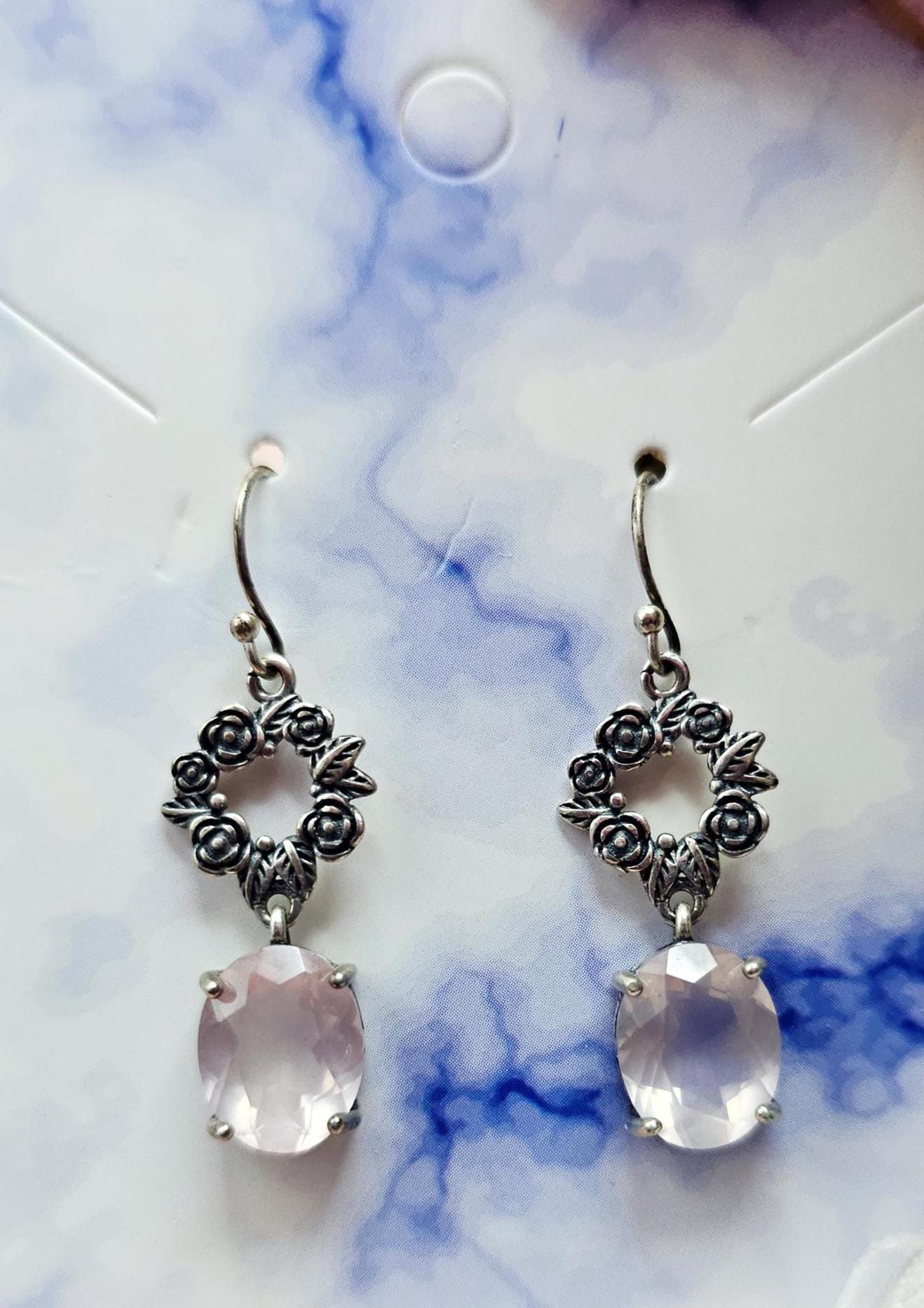 Handmade Mozambique Rose Quartz Heart Earrings, 925 Silver Earrings