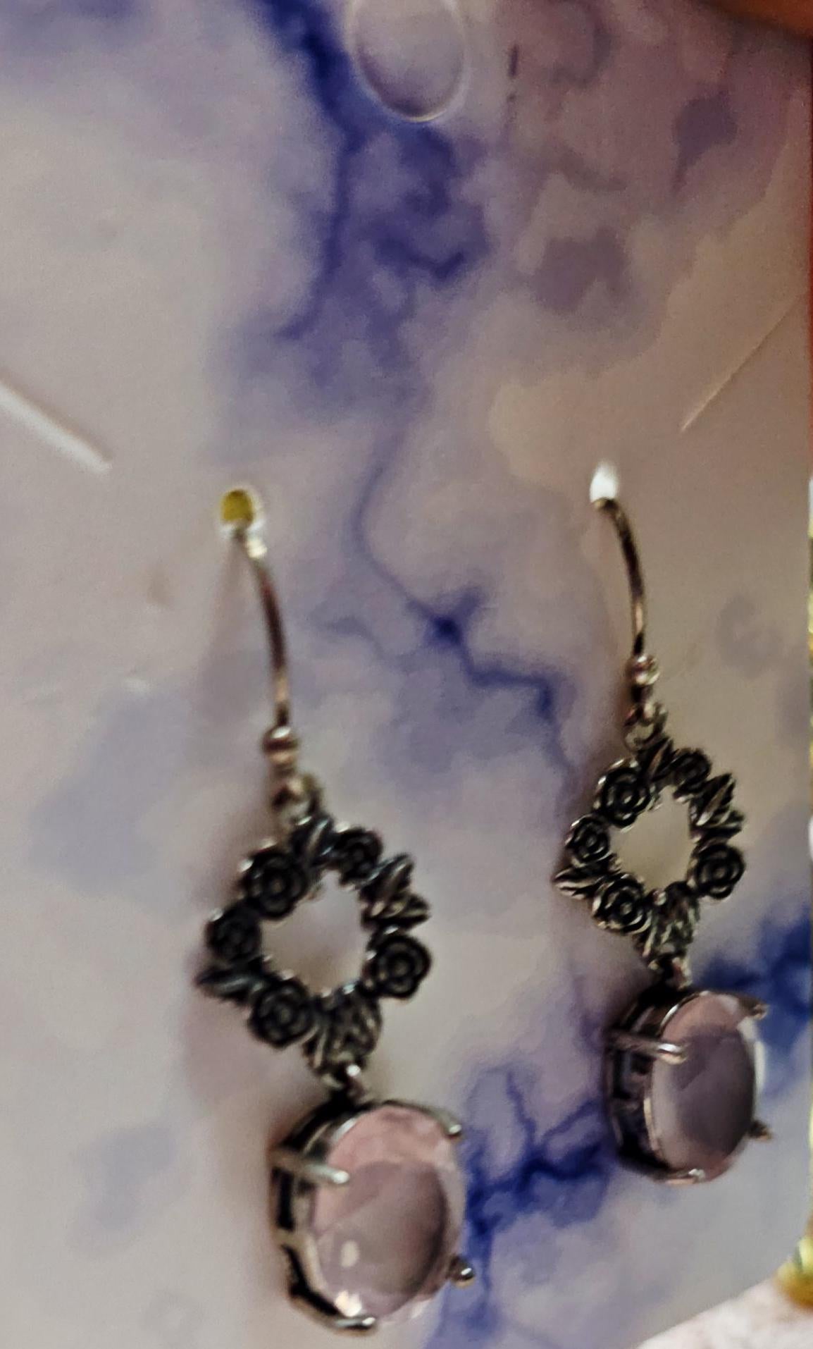 Handmade Mozambique Rose Quartz Heart Earrings, 925 Silver Earrings