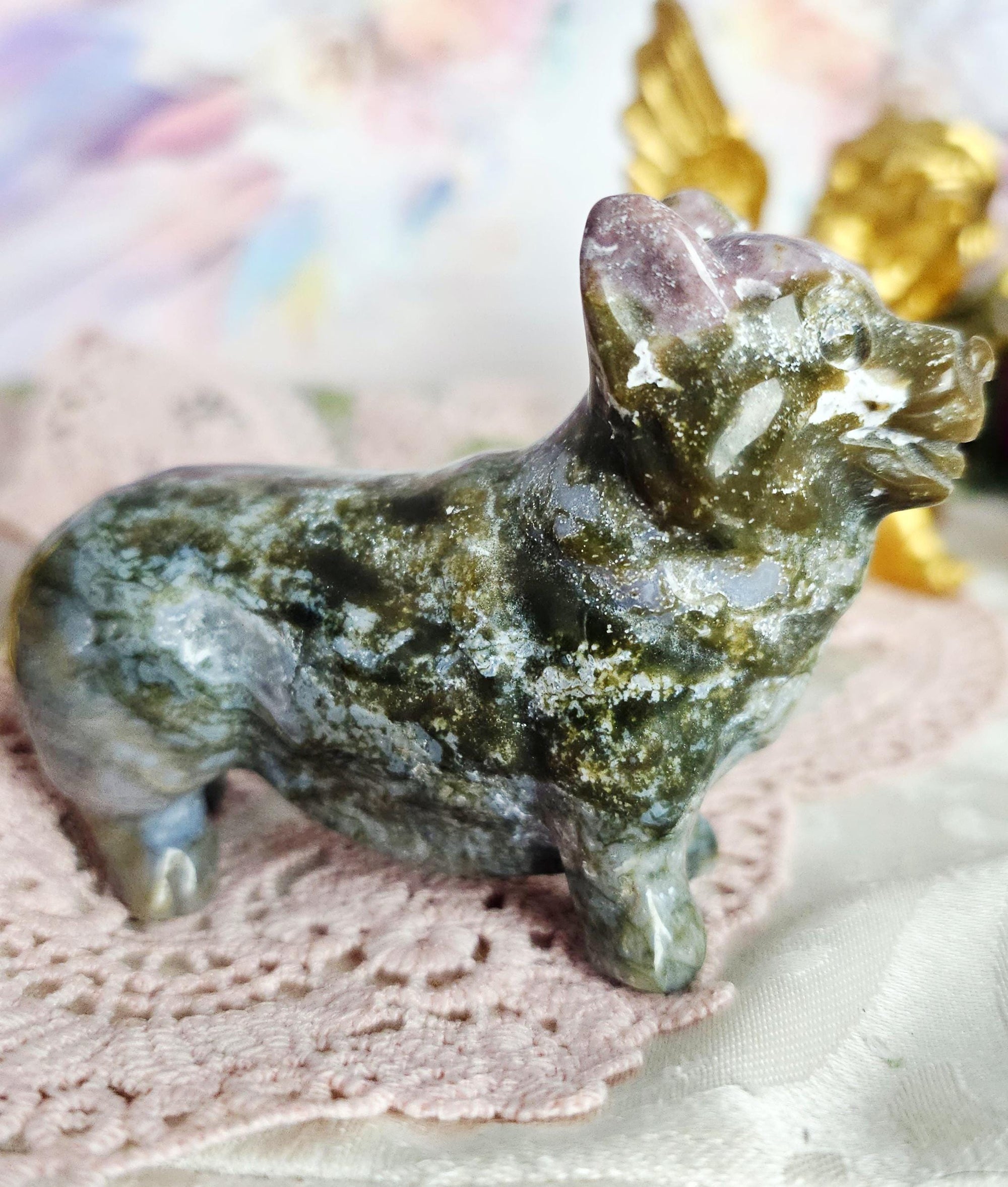 Moss Agate Ocean Jasper Corgi, Dog,  Home Decor, Crystal Gift