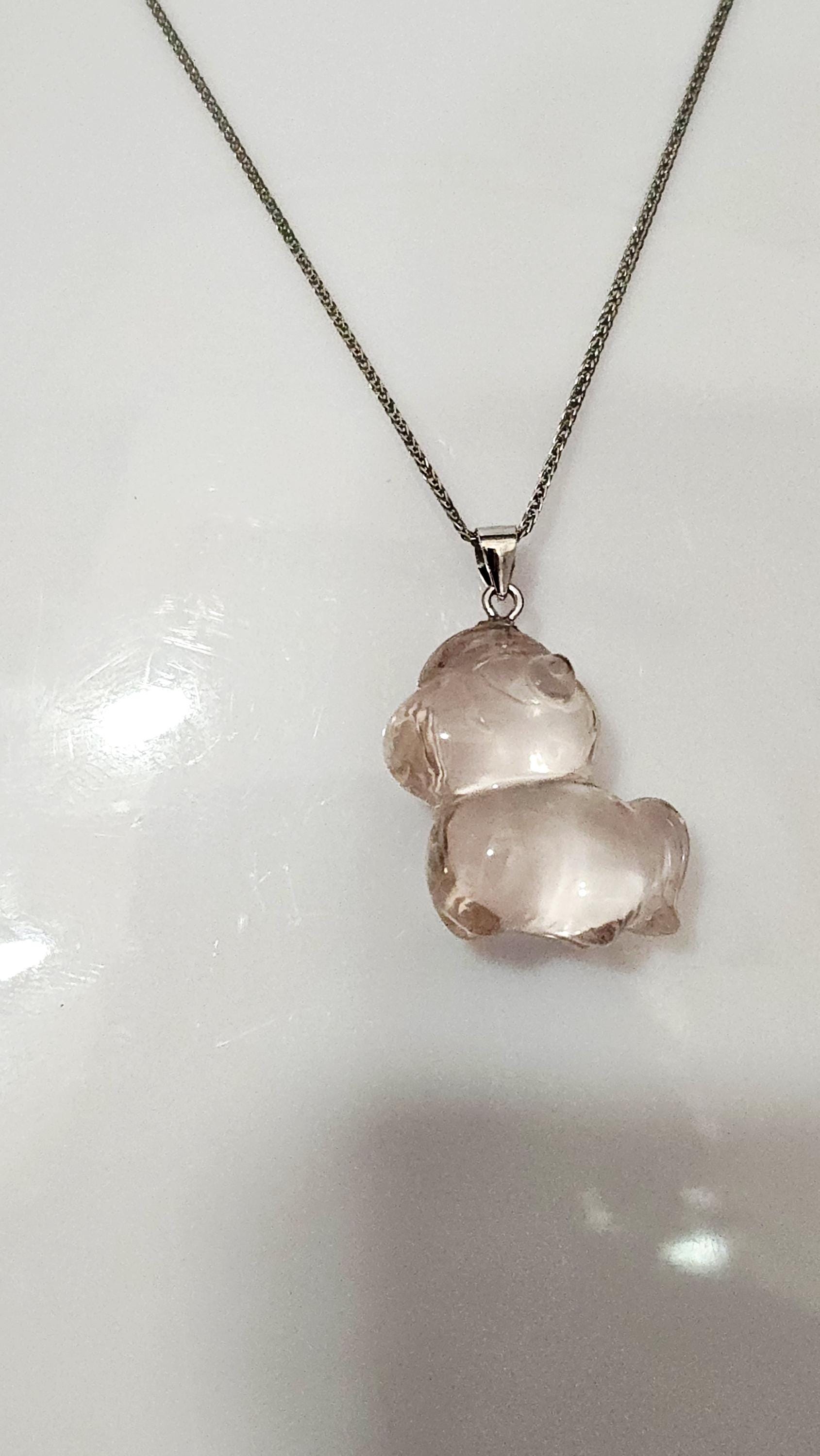 Handmade Mozambique Rose Quartz Horse Necklace, 925 Silver Pendant