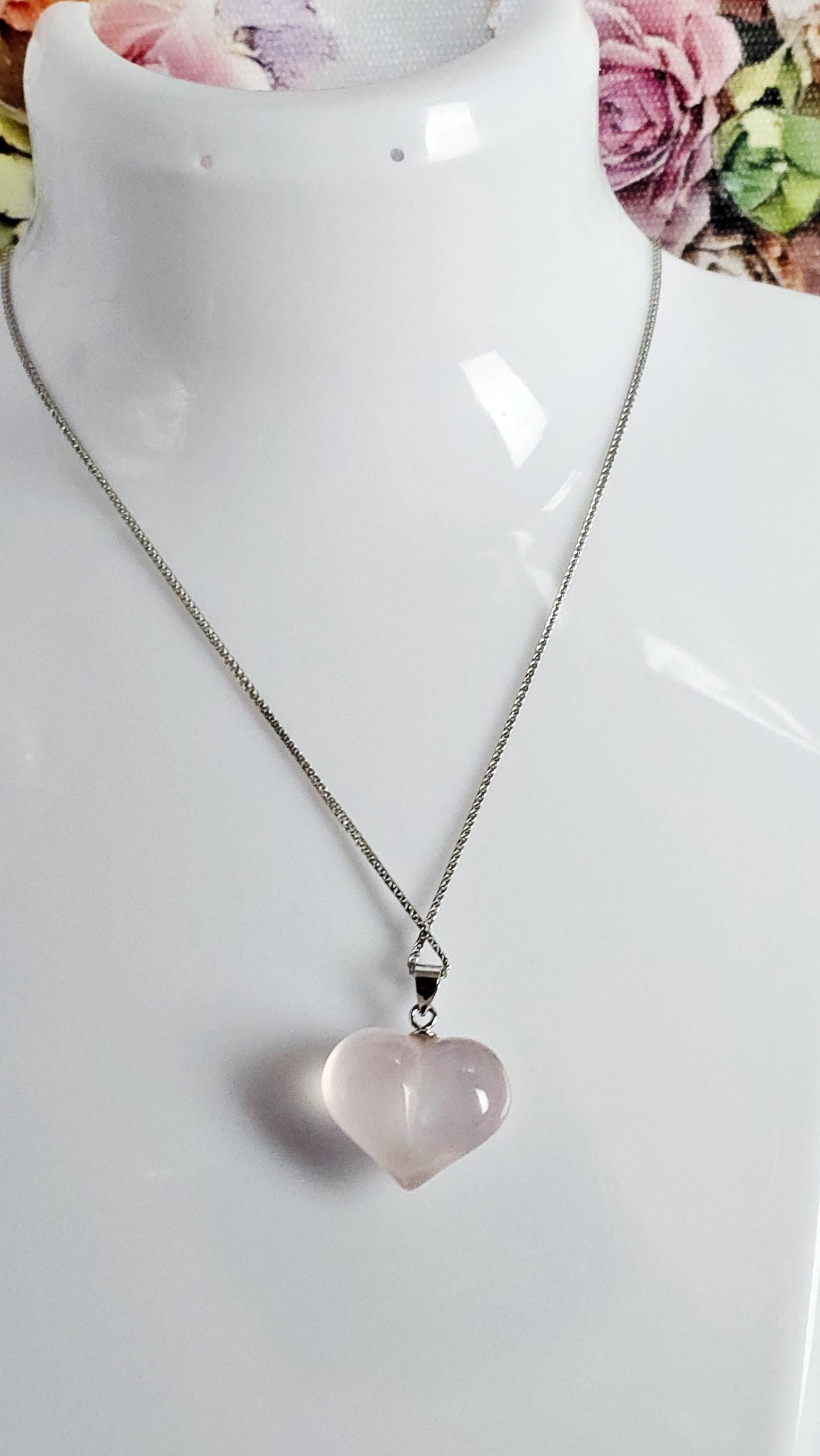 Handmade Mozambique Rose Quartz Heart Necklace, 925 Silver Pendant