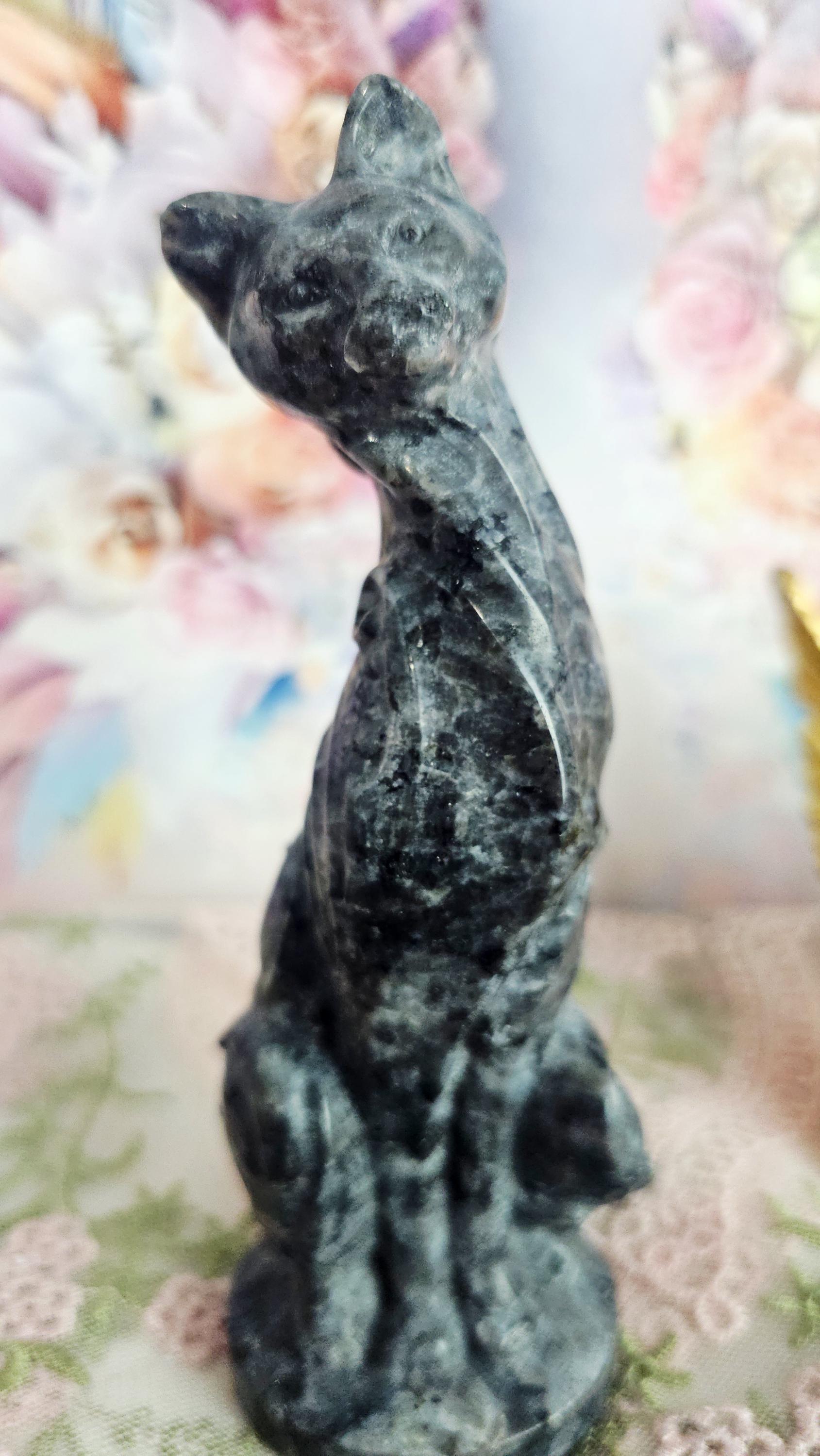 Larvakite Cat Carving, Egyptian Cat, Metaphysical Crystal Decor