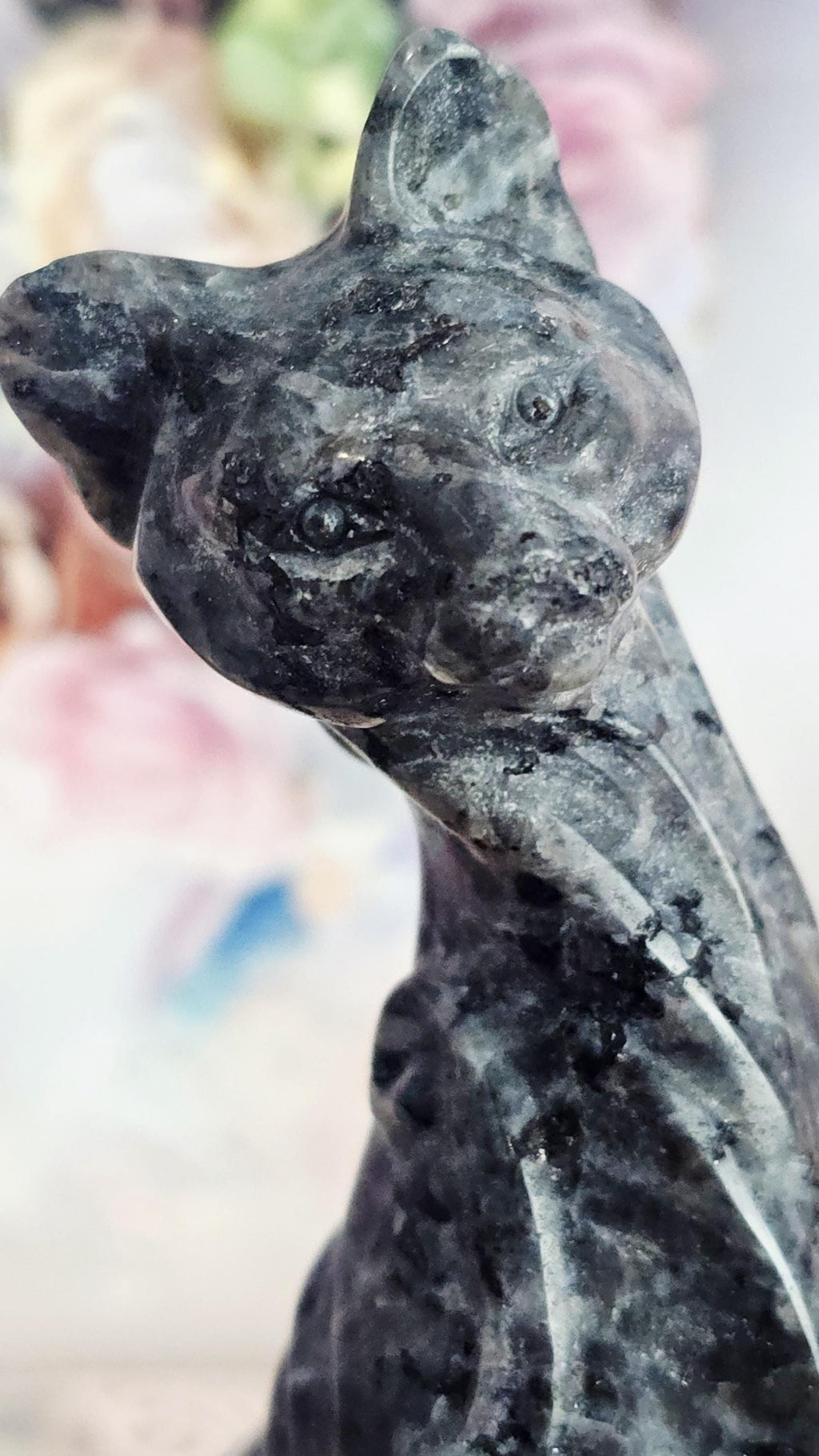 Larvakite Cat Carving, Egyptian Cat, Metaphysical Crystal Decor