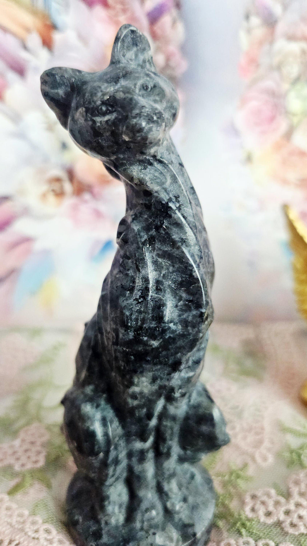 Larvakite Cat Carving, Egyptian Cat, Metaphysical Crystal Decor