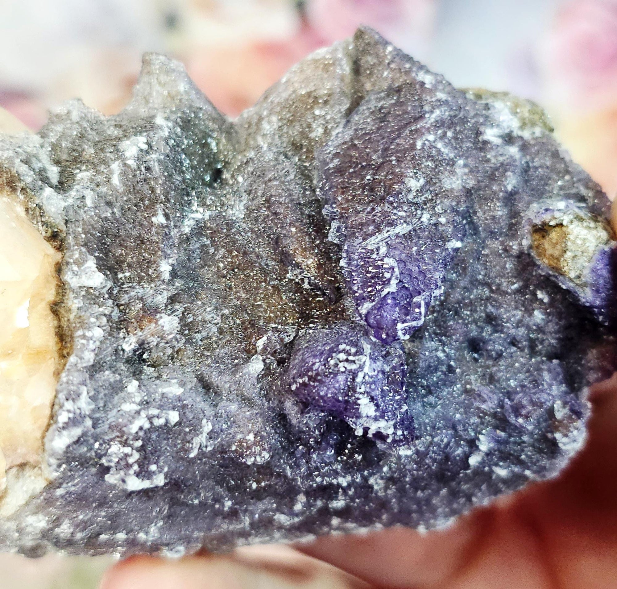 Purple Yttrofluorite on Dogtooth Calcite Specimen, Flashy Crystal, 3.5 inch</em></strong>