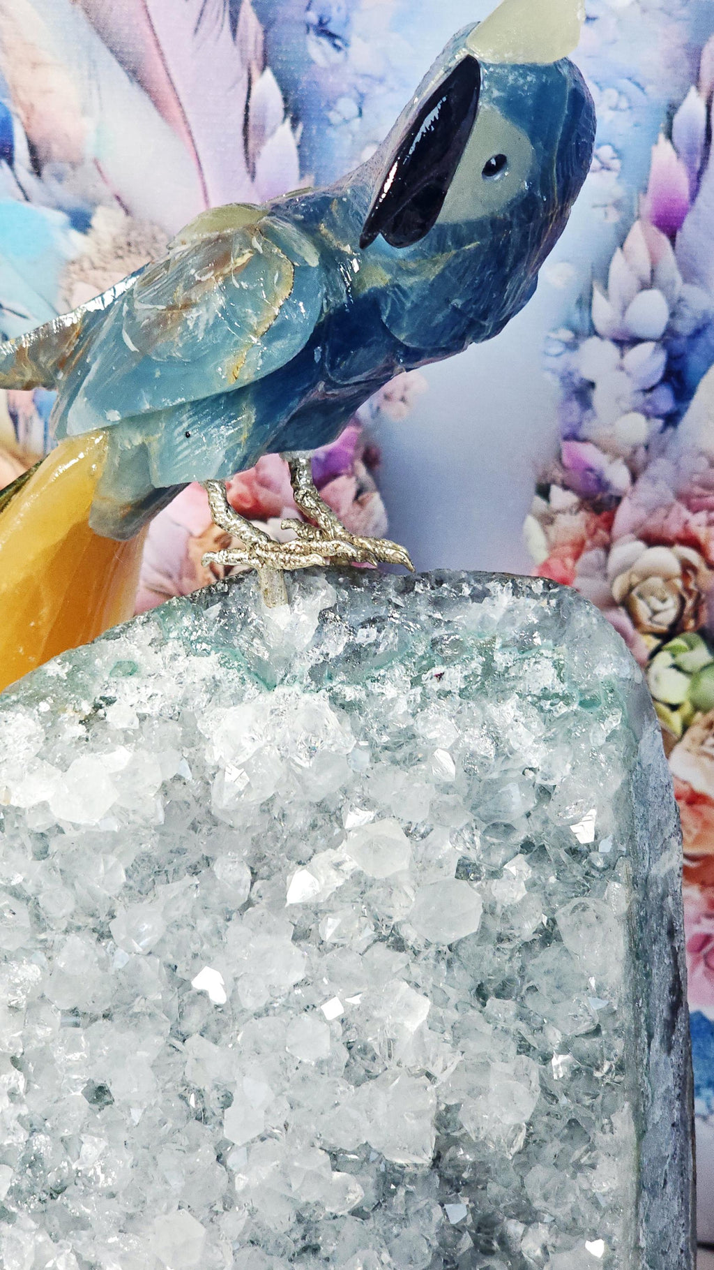 Onyx Bird with Calcite Tail, Red Jasper, Emerald Obsidian Sculpture on Amethyst Cutbase