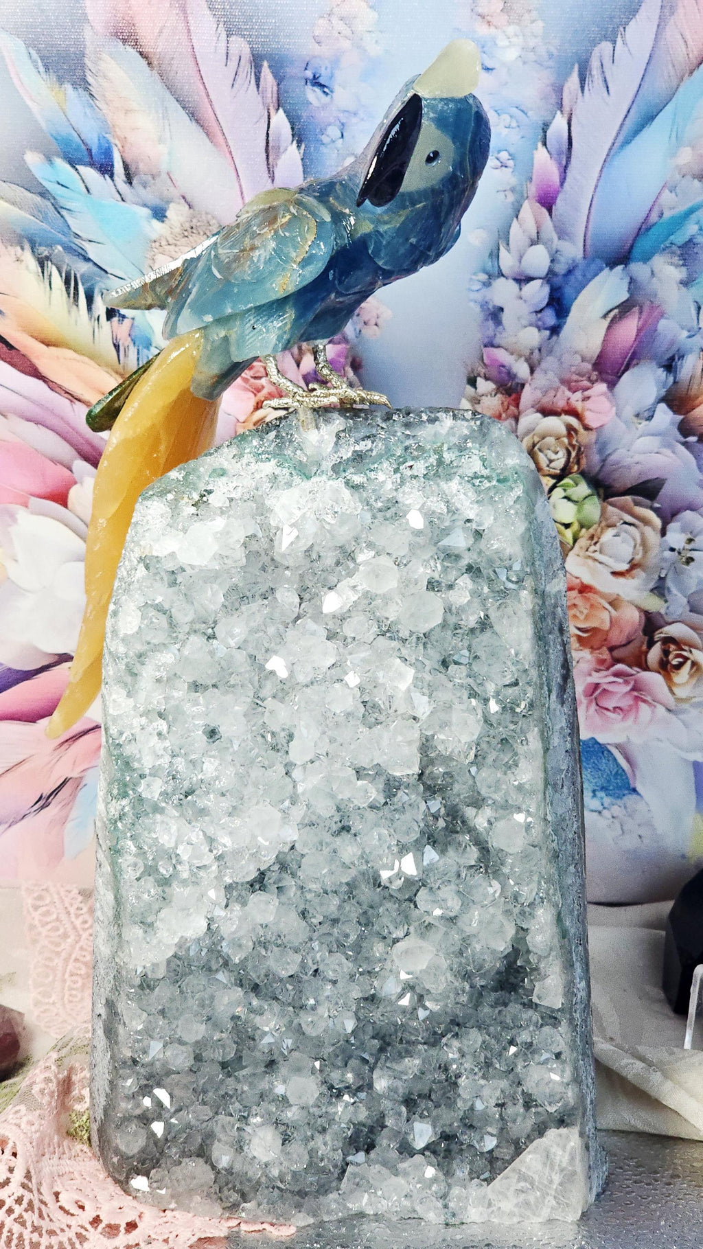 Onyx Bird with Calcite Tail, Red Jasper, Emerald Obsidian Sculpture on Amethyst Cutbase