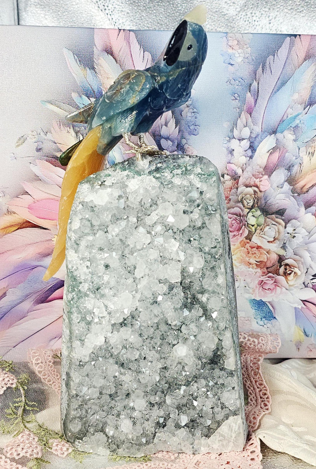 Onyx Bird with Calcite Tail, Red Jasper, Emerald Obsidian Sculpture on Amethyst Cutbase