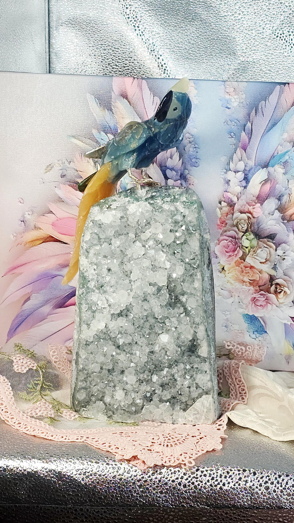 Onyx Bird with Calcite Tail, Red Jasper, Emerald Obsidian Sculpture on Amethyst Cutbase