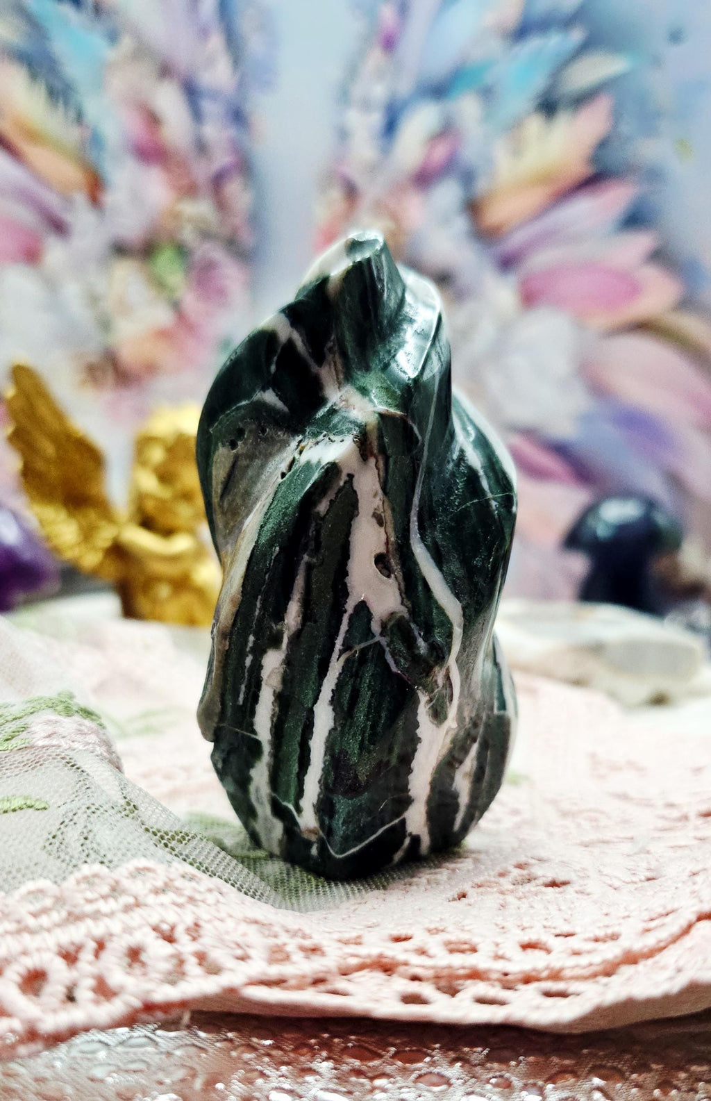Moss Agate Unicorn Horn Flame, Home Decor, Crystal Gift