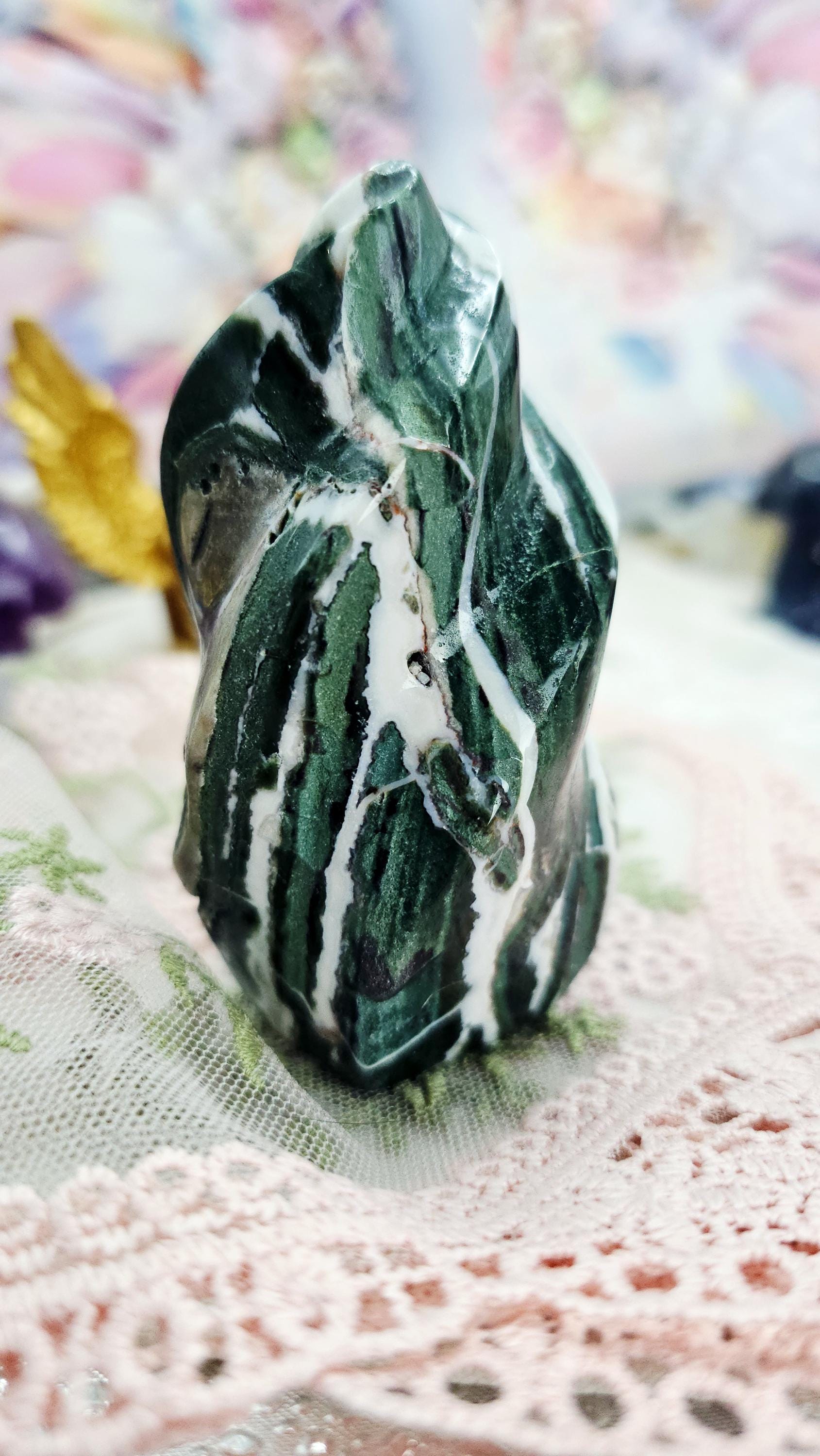 Moss Agate Unicorn Horn Flame, Home Decor, Crystal Gift