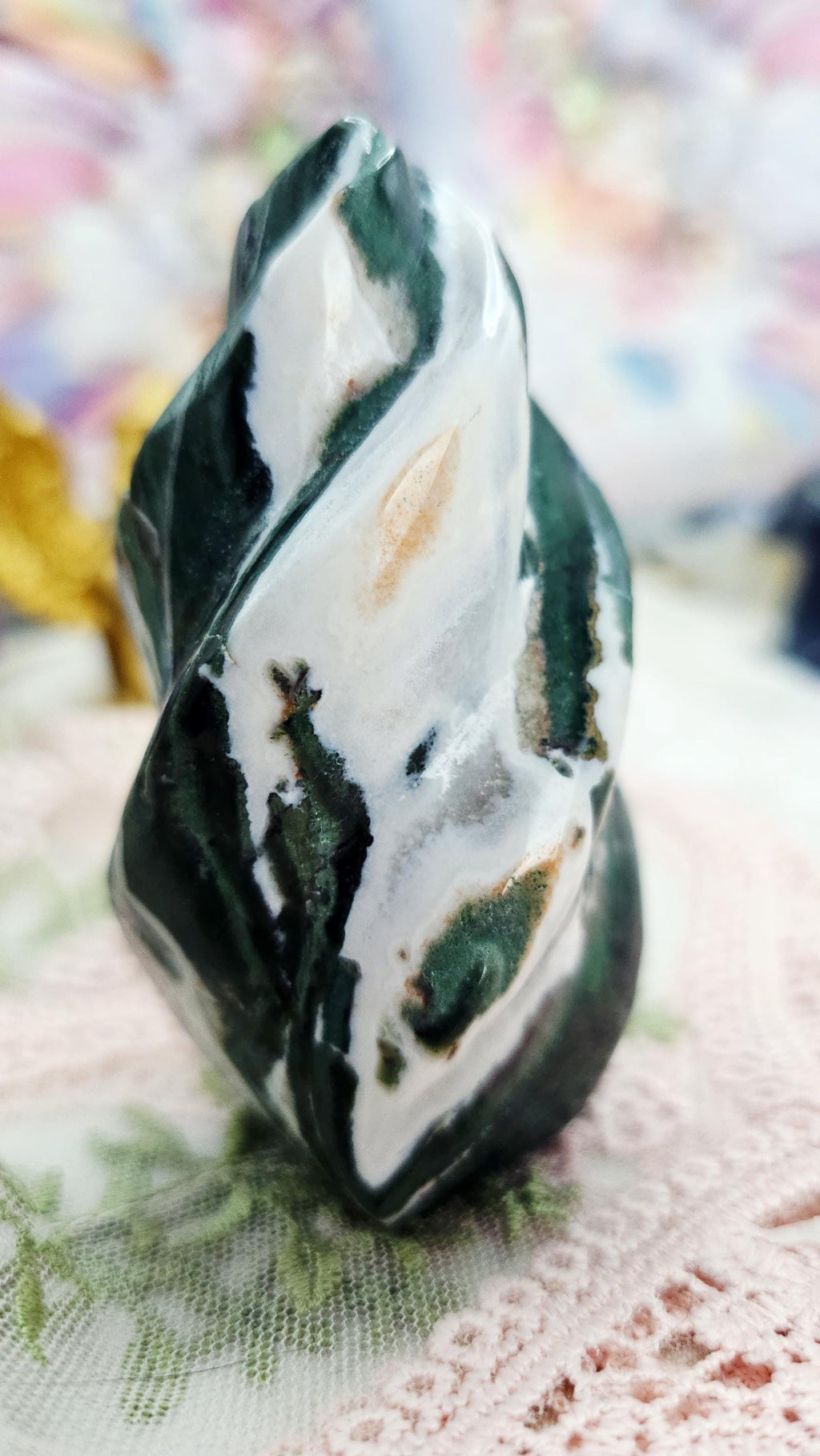 Moss Agate Unicorn Horn Flame, Home Decor, Crystal Gift