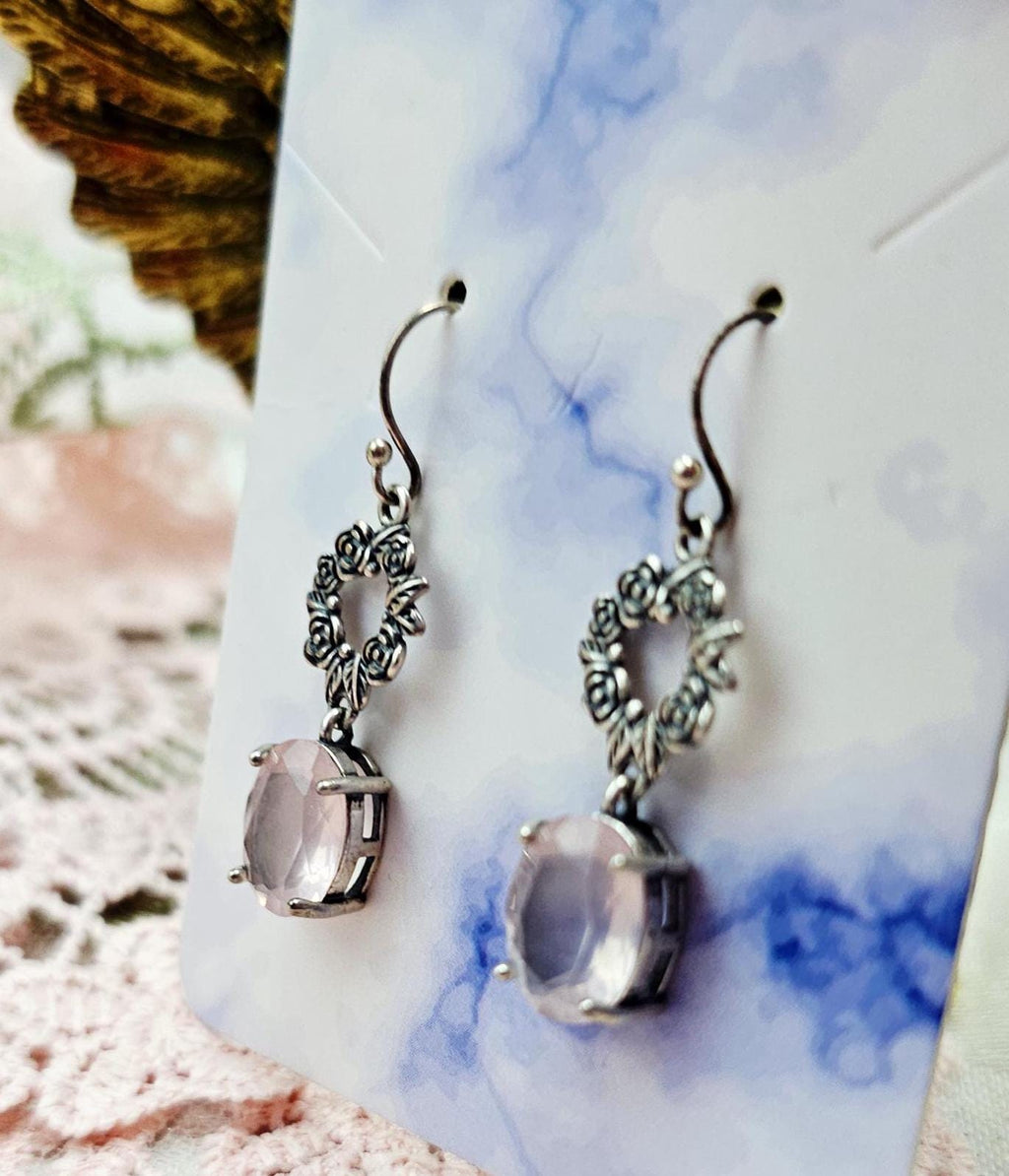 Handmade Mozambique Rose Quartz Heart Earrings, 925 Silver Earrings