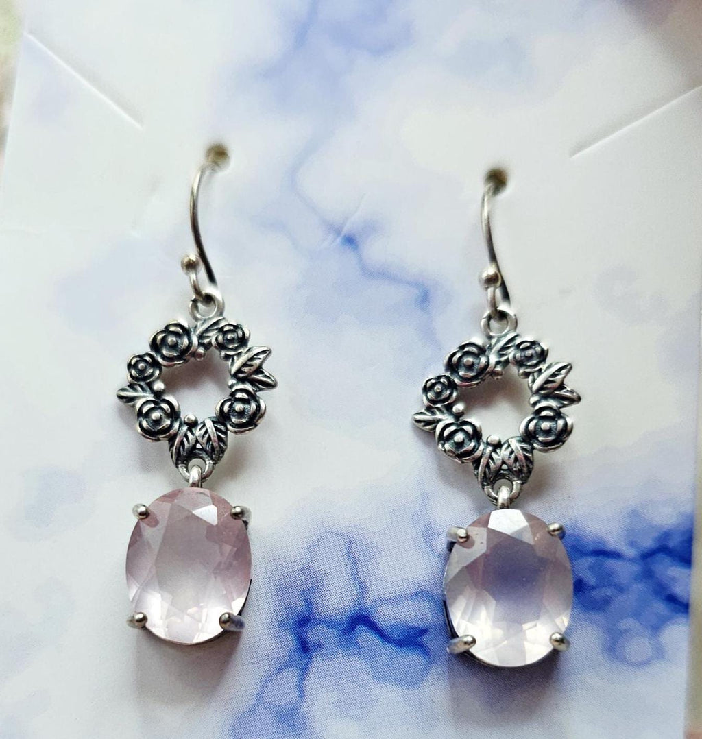 Handmade Mozambique Rose Quartz Heart Earrings, 925 Silver Earrings