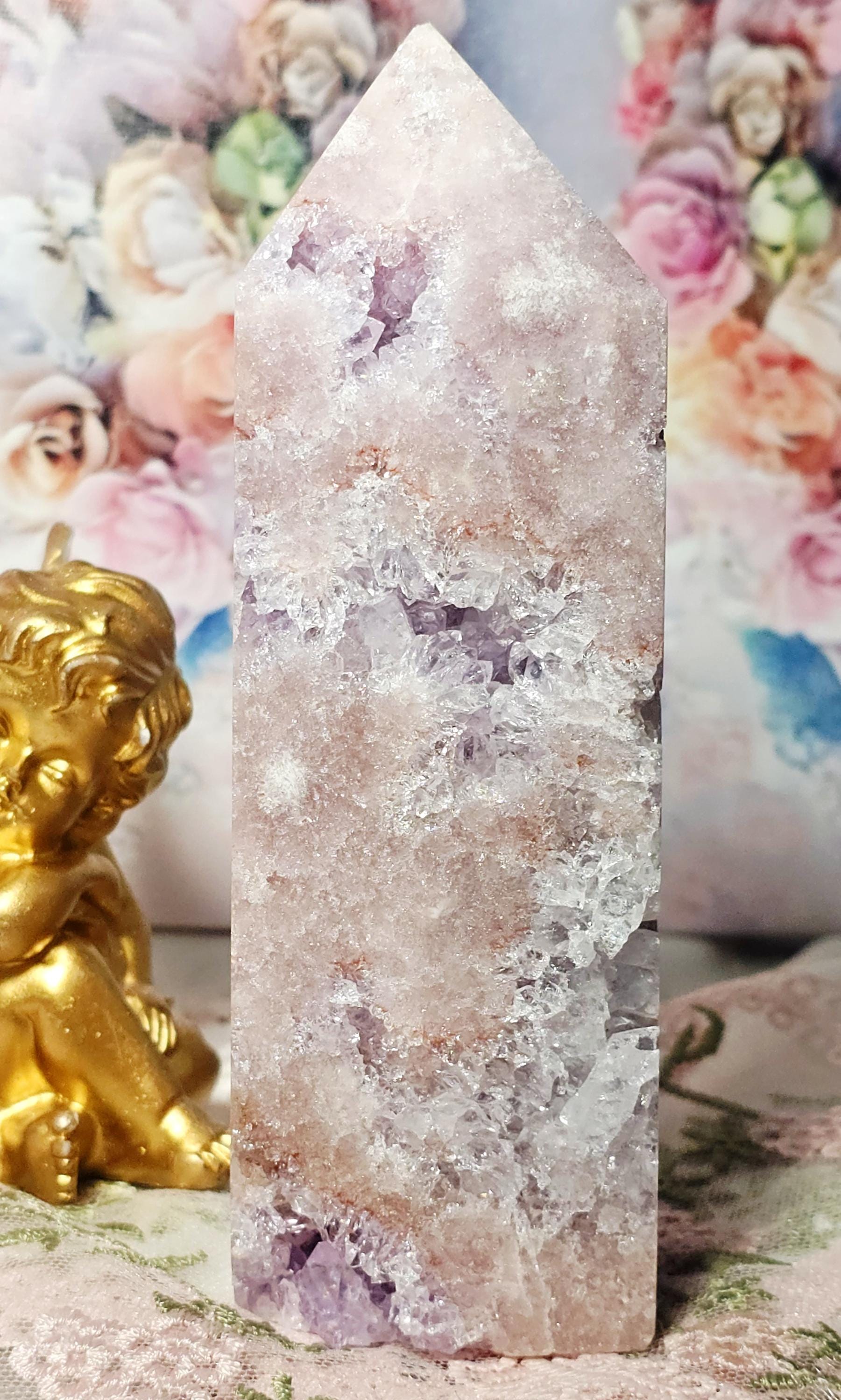 LG Brazilian Pink Amethyst Druzy Tower with Portals, Reiki Infused Crystal, Home Decor, Gift