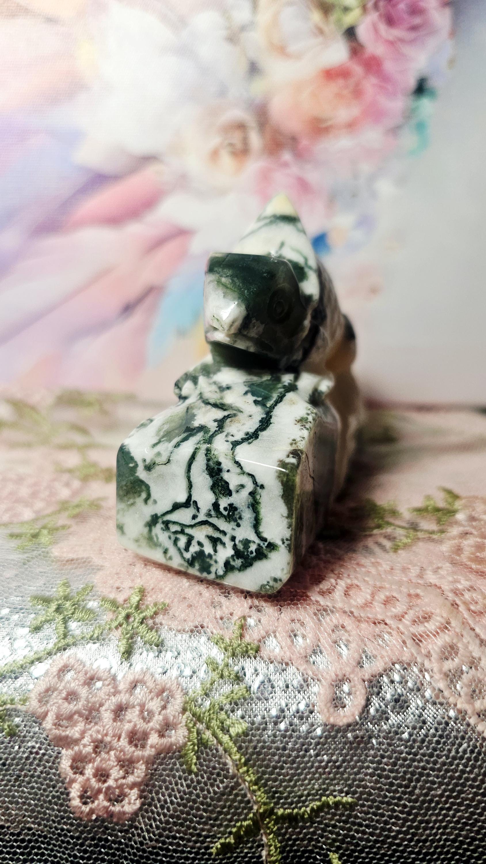 Moss Agate Lizard with Blue Chalcedony and Druzy, Iguana, Home Decor, Crystal Gift