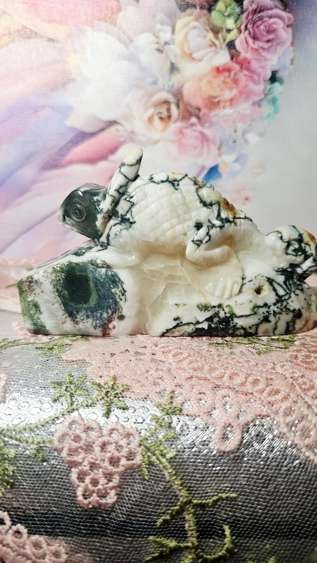 Moss Agate Lizard with Blue Chalcedony and Druzy, Iguana, Home Decor, Crystal Gift