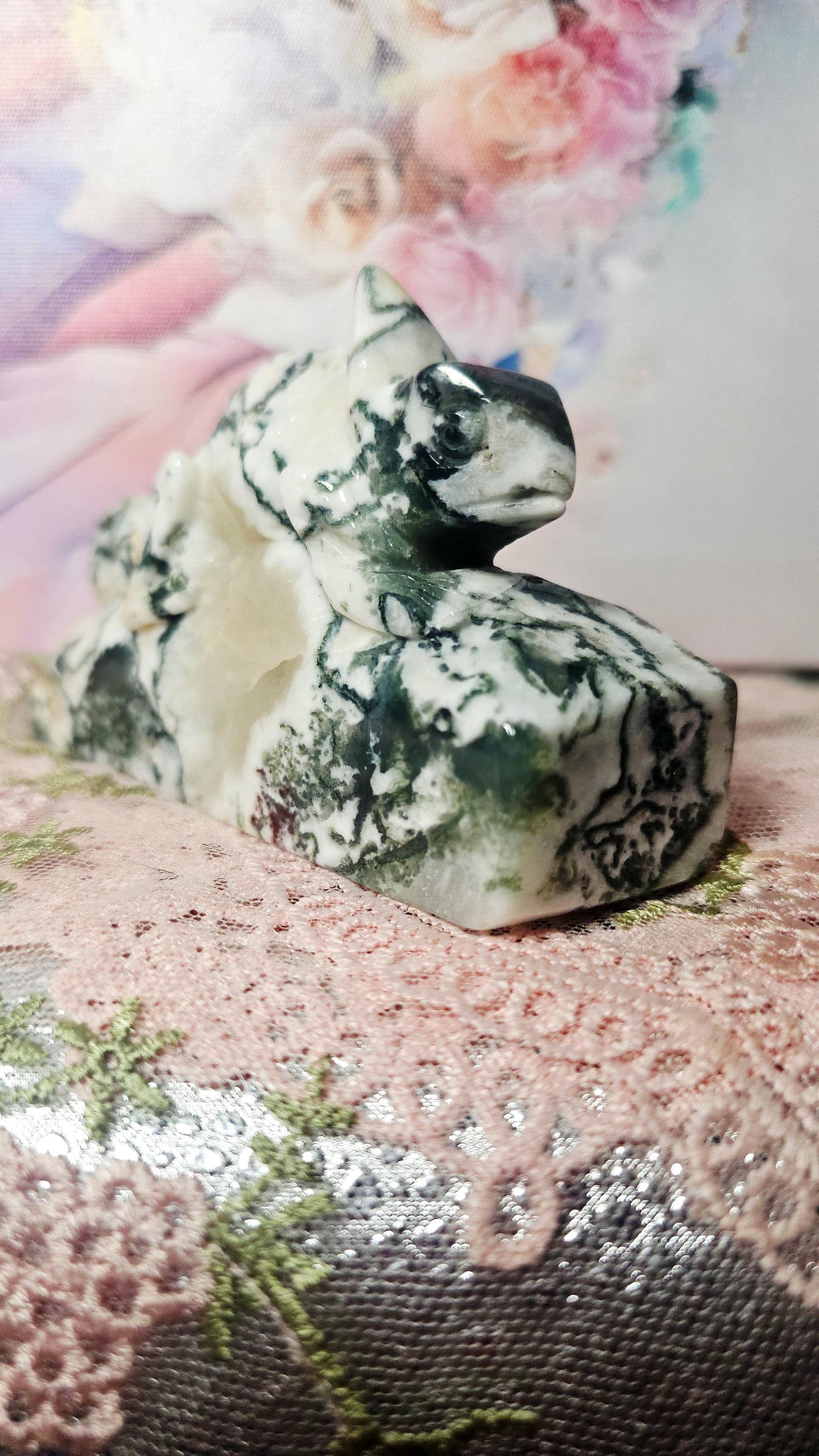 Moss Agate Lizard with Blue Chalcedony and Druzy, Iguana, Home Decor, Crystal Gift
