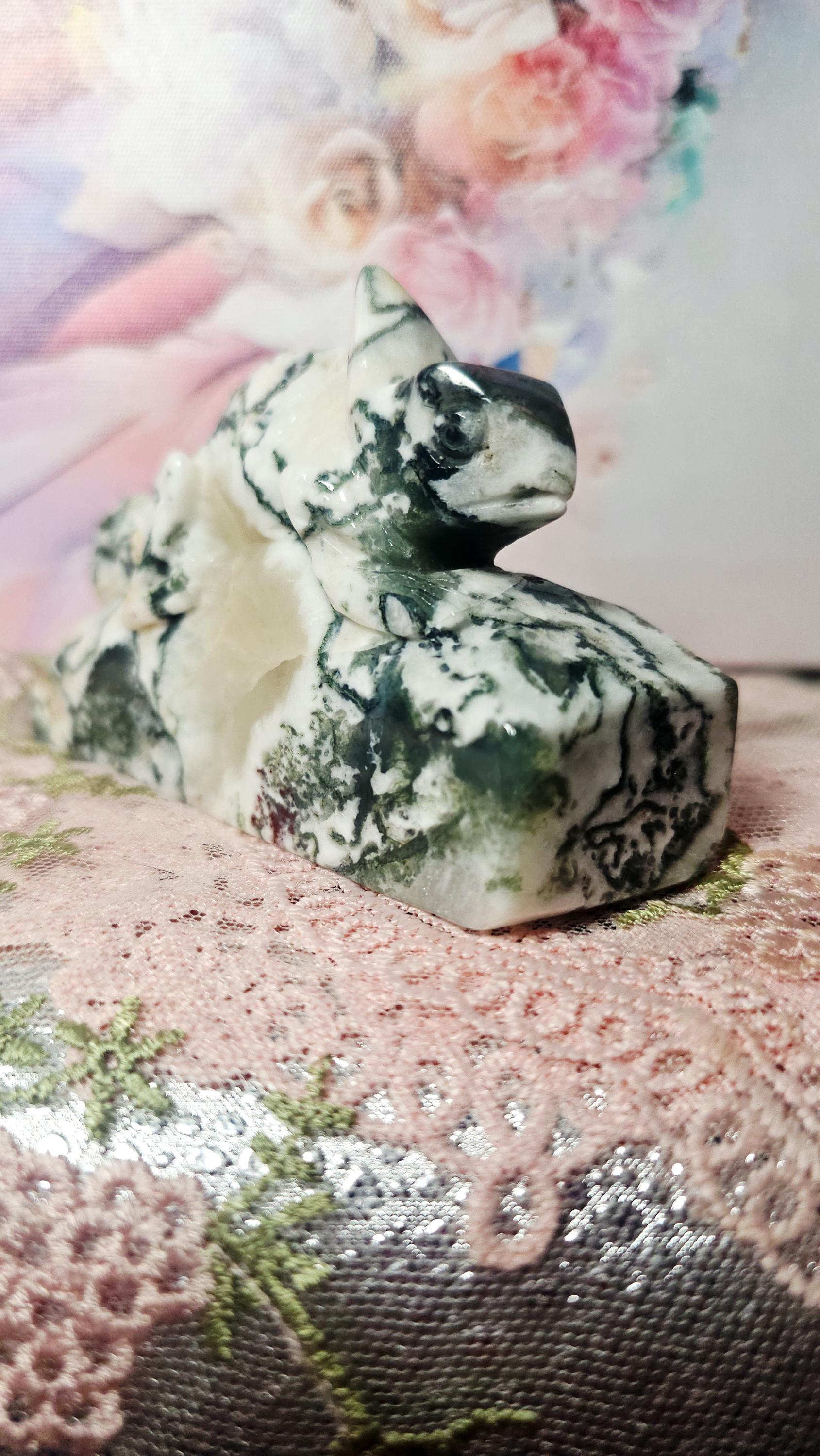 Moss Agate Lizard with Blue Chalcedony and Druzy, Iguana, Home Decor, Crystal Gift