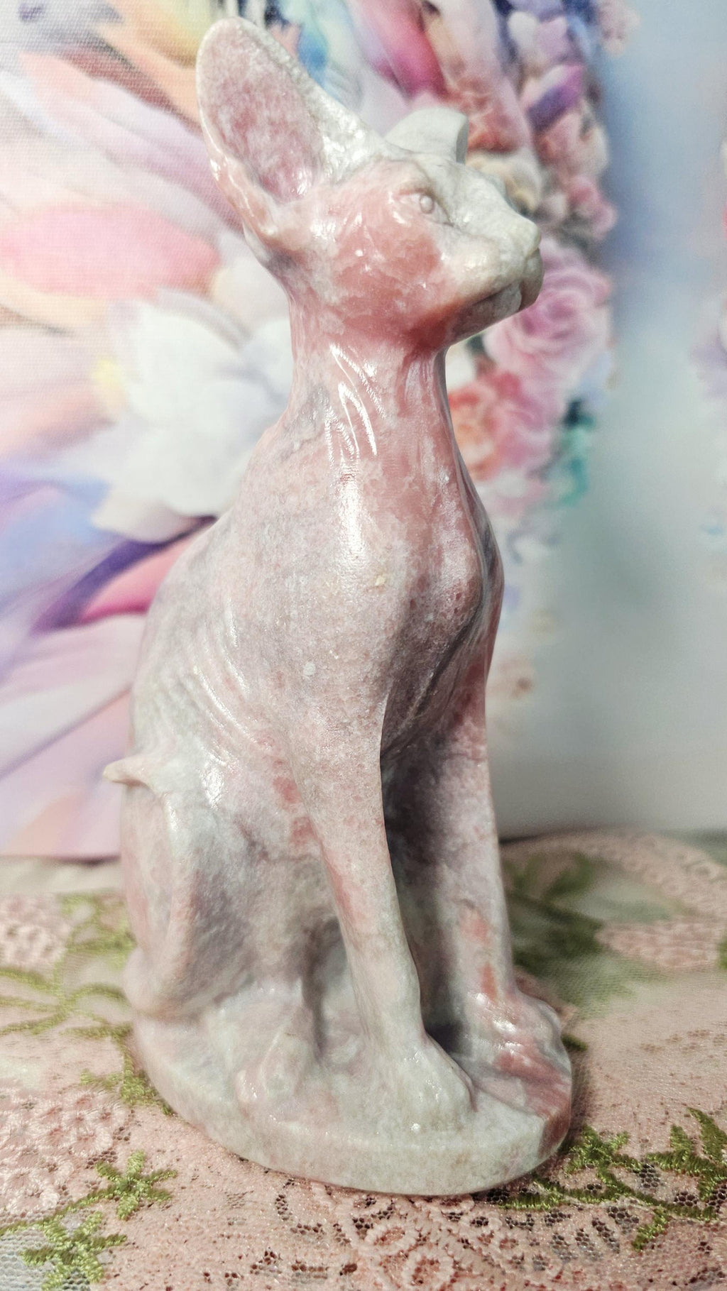 Pink Opal Egyptian Cat Carving, Peace Tranquility Gemstone, Companionship Guardianship Statue