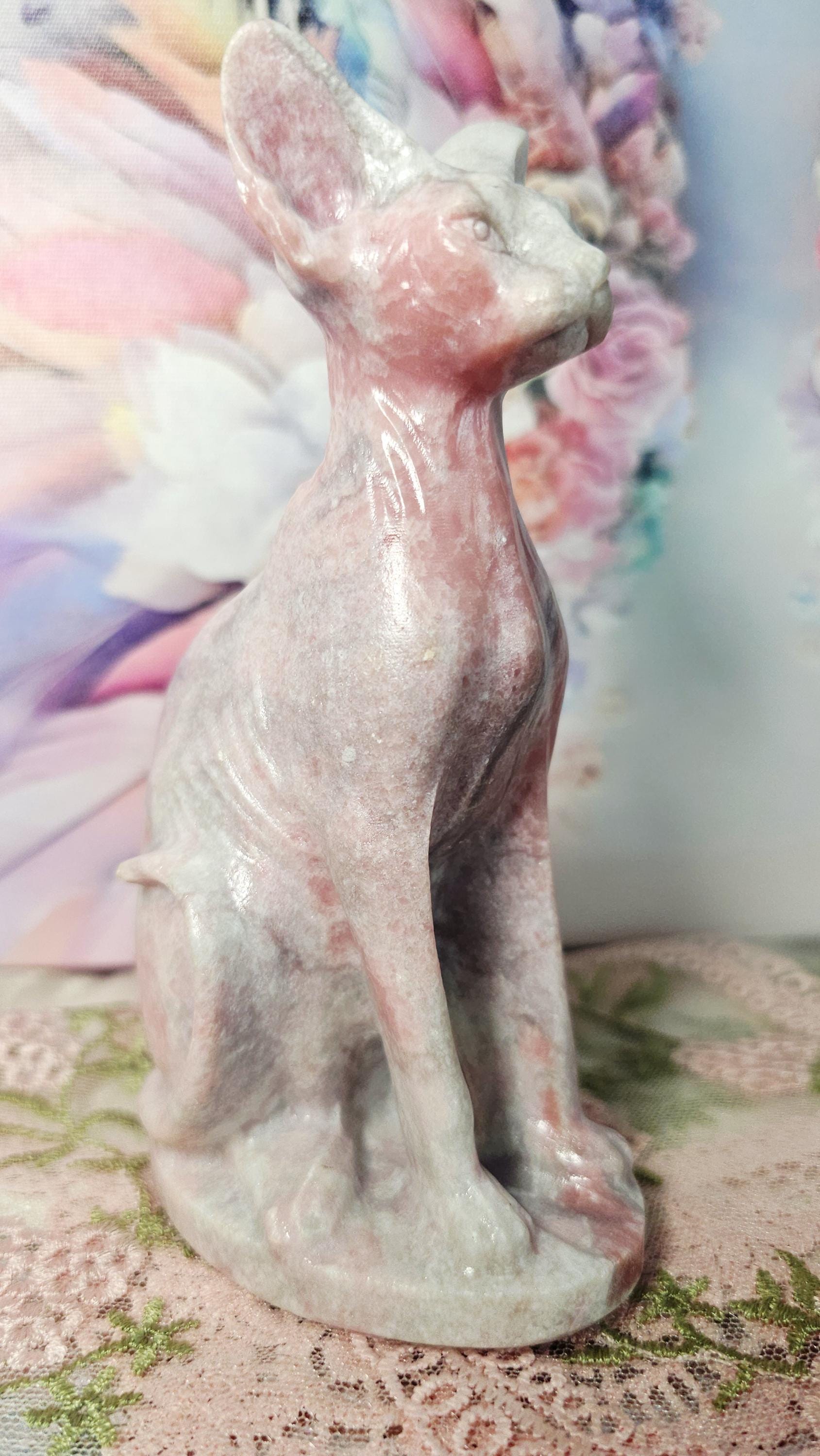 Pink Opal Egyptian Cat Carving, Peace Tranquility Gemstone, Companionship Guardianship Statue