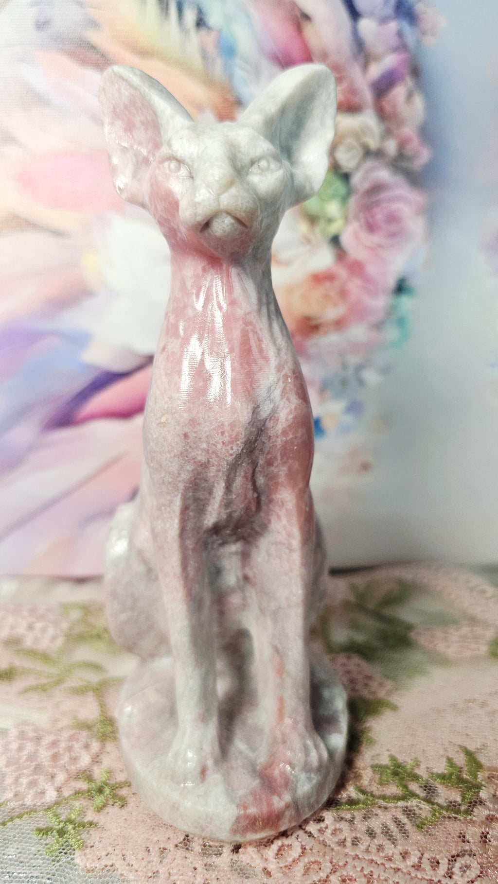 Pink Opal Egyptian Cat Carving, Peace Tranquility Gemstone, Companionship Guardianship Statue