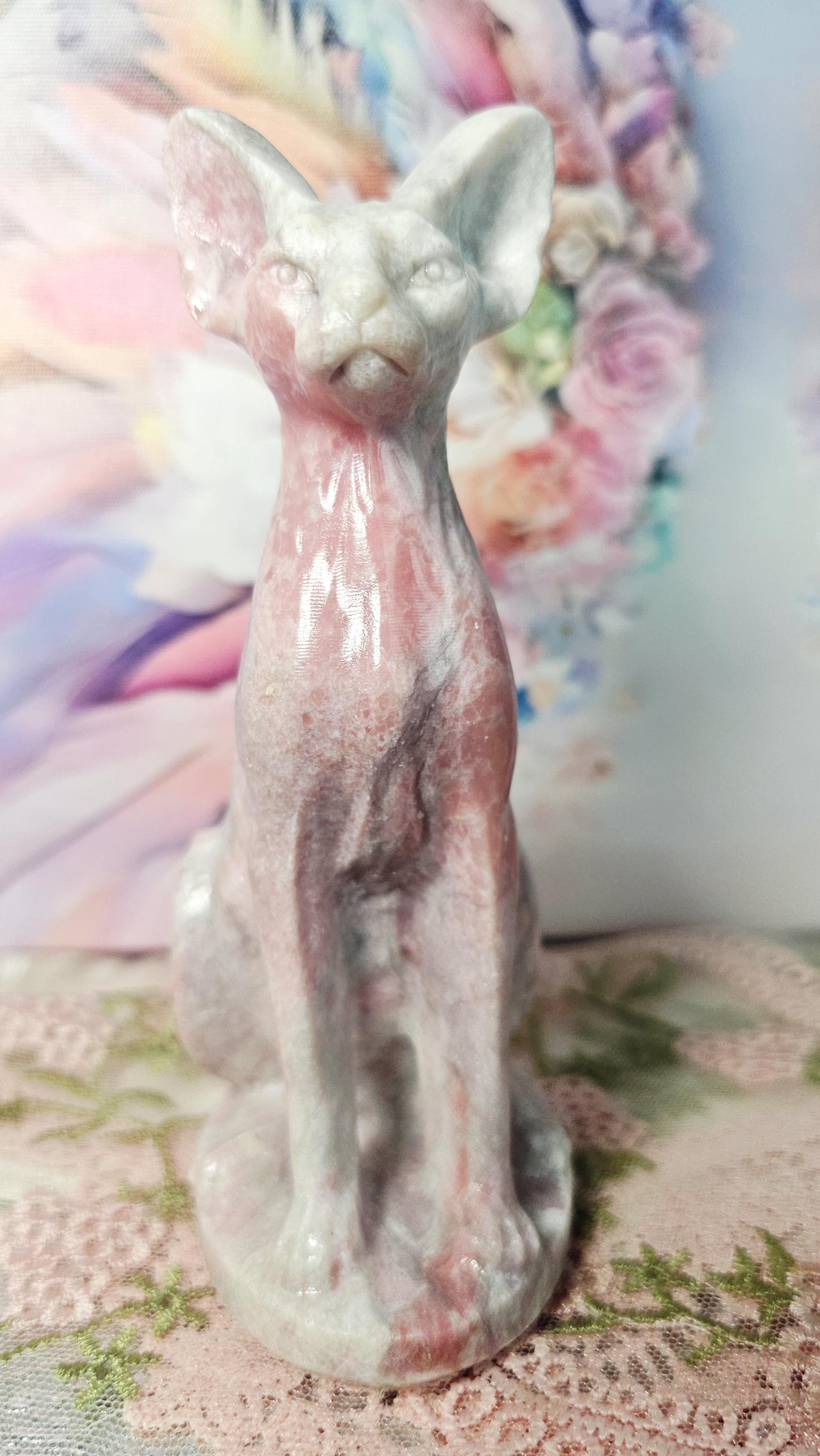 Pink Opal Egyptian Cat Carving, Peace Tranquility Gemstone, Companionship Guardianship Statue