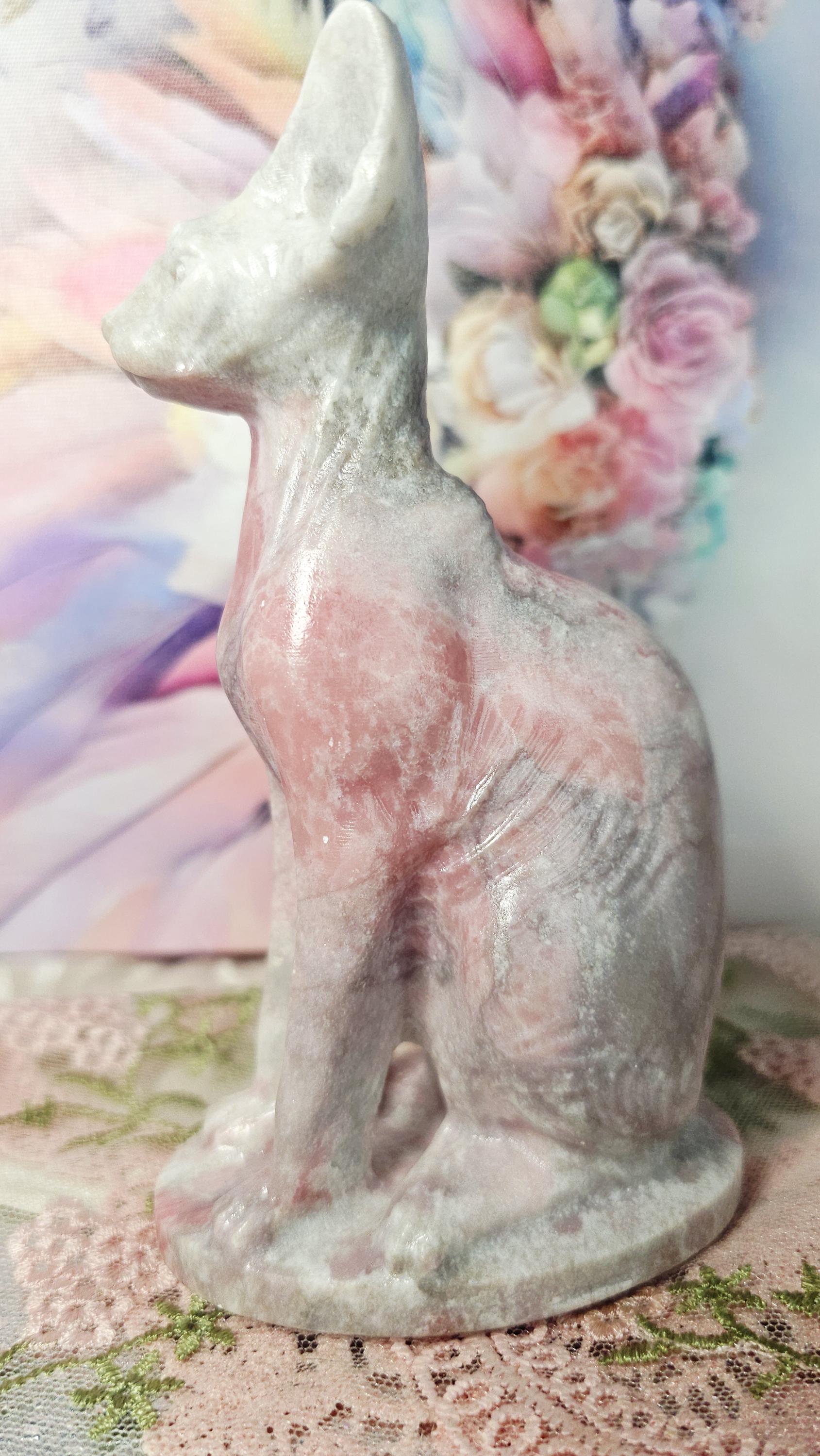 Pink Opal Egyptian Cat Carving, Peace Tranquility Gemstone, Companionship Guardianship Statue
