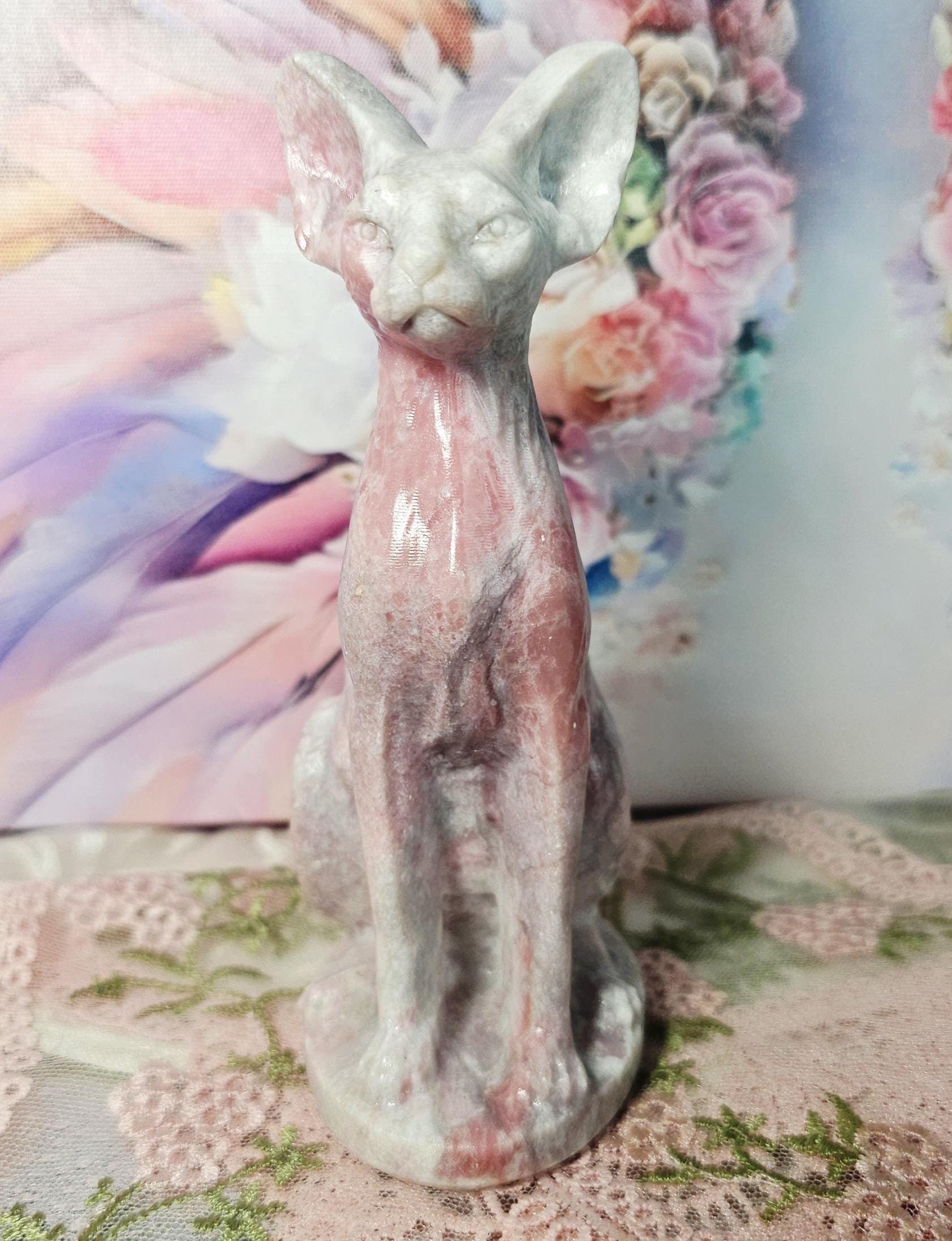 Pink Opal Egyptian Cat Carving, Peace Tranquility Gemstone, Companionship Guardianship Statue