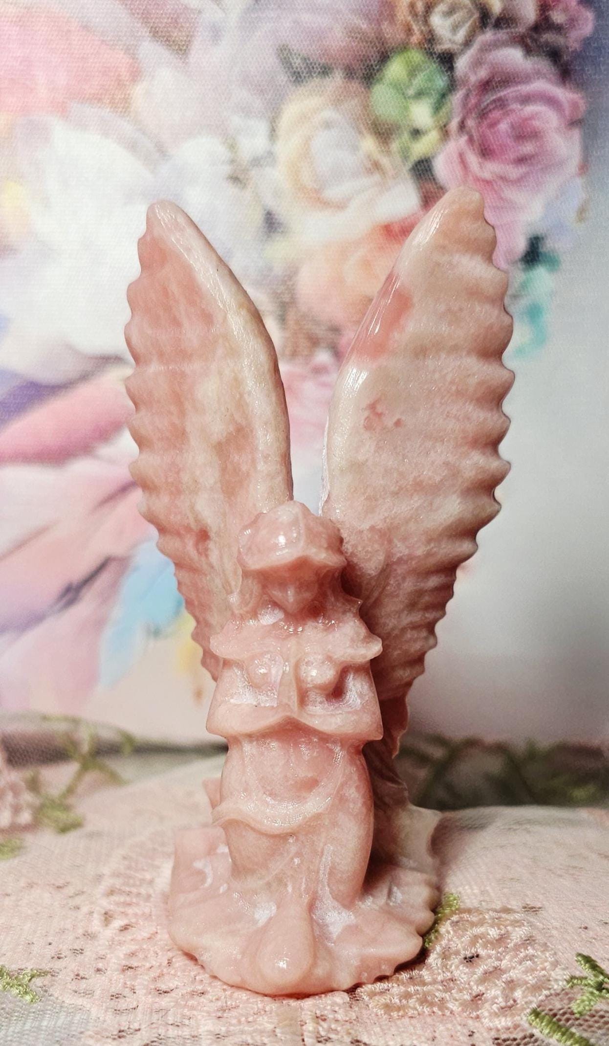 Pink Opal Angel Sculpture, Carved Stone Figurine, Tranquil Home Decor