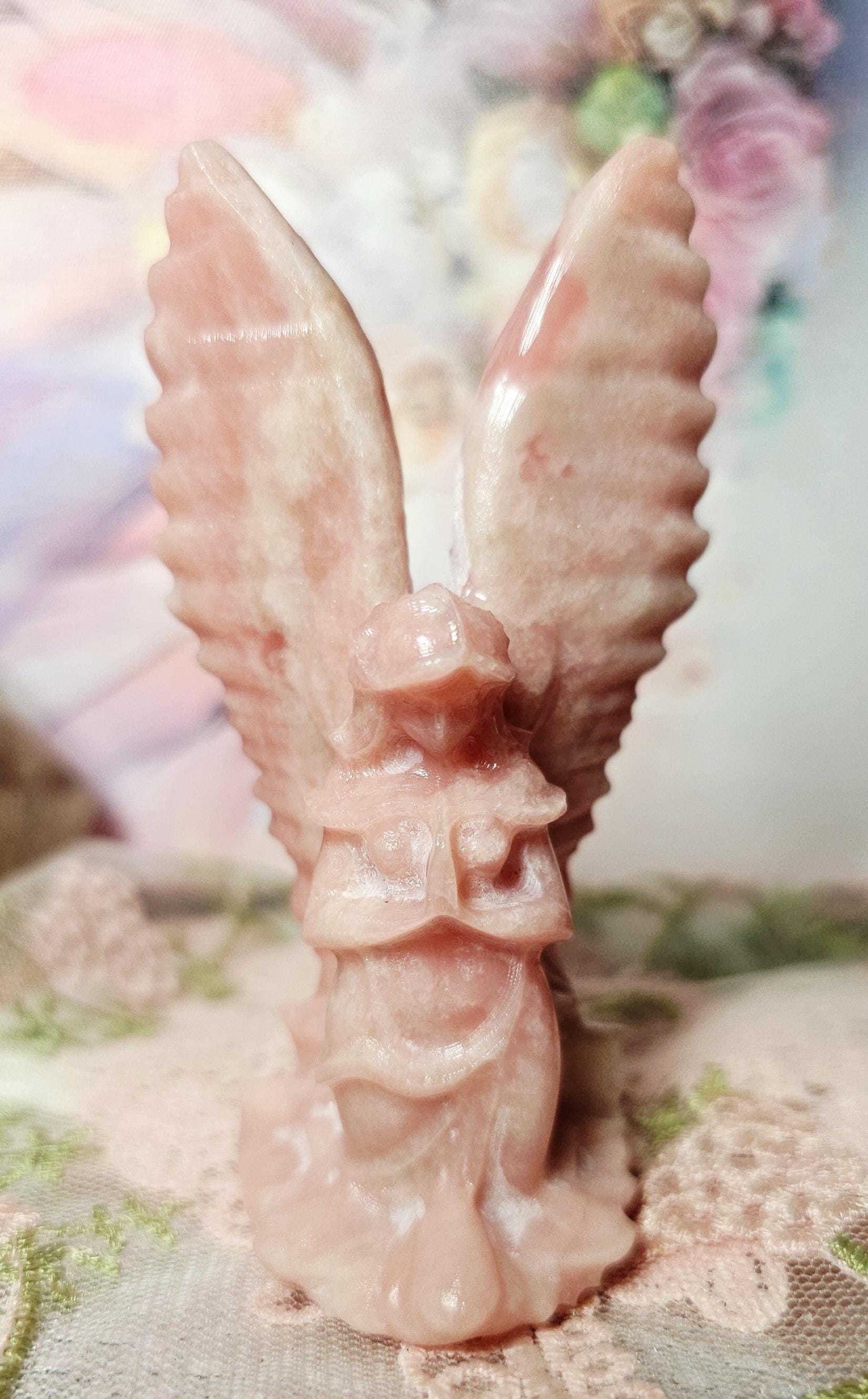 Pink Opal Angel Sculpture, Carved Stone Figurine, Tranquil Home Decor