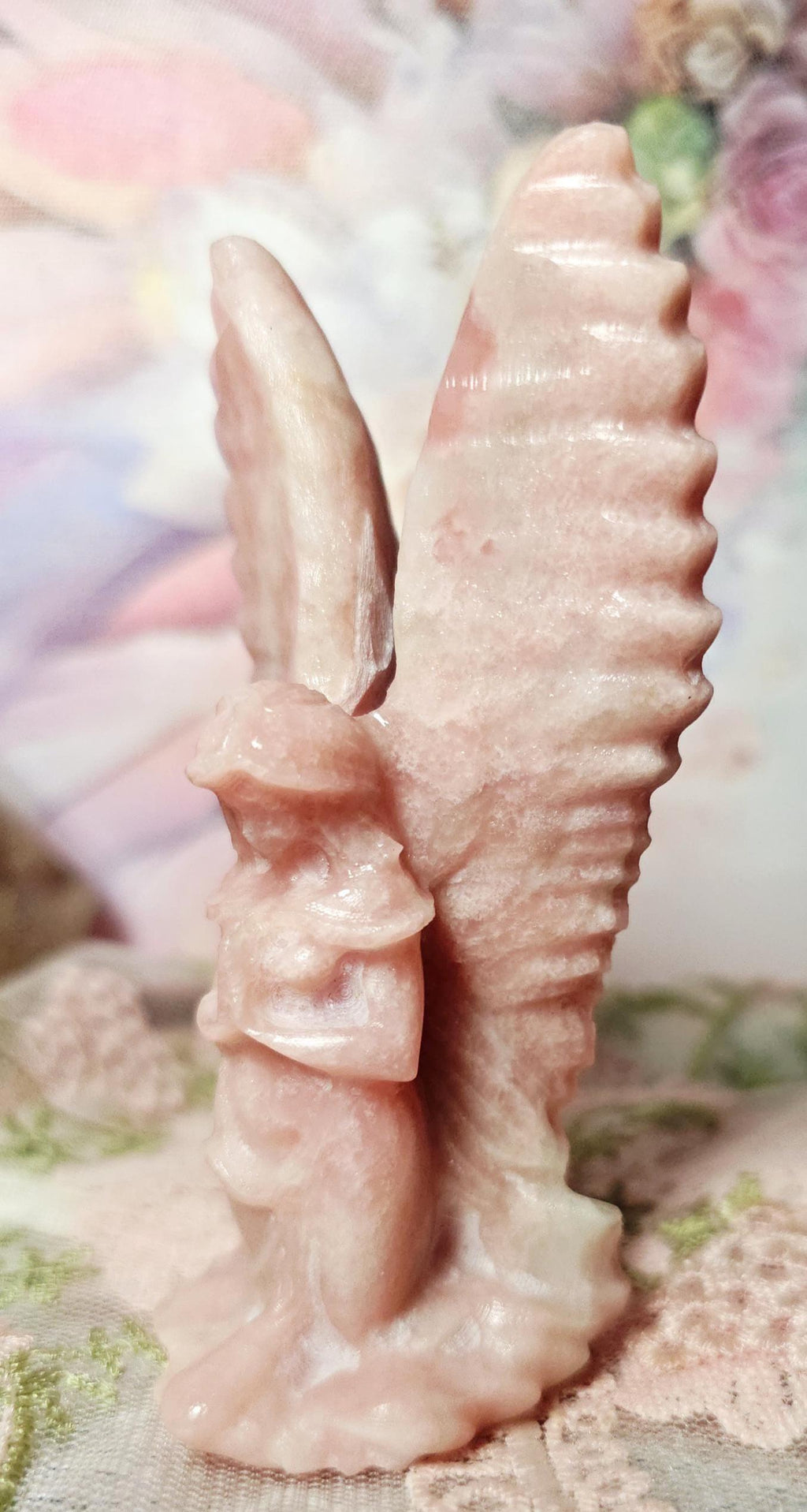 Pink Opal Angel Sculpture, Carved Stone Figurine, Tranquil Home Decor