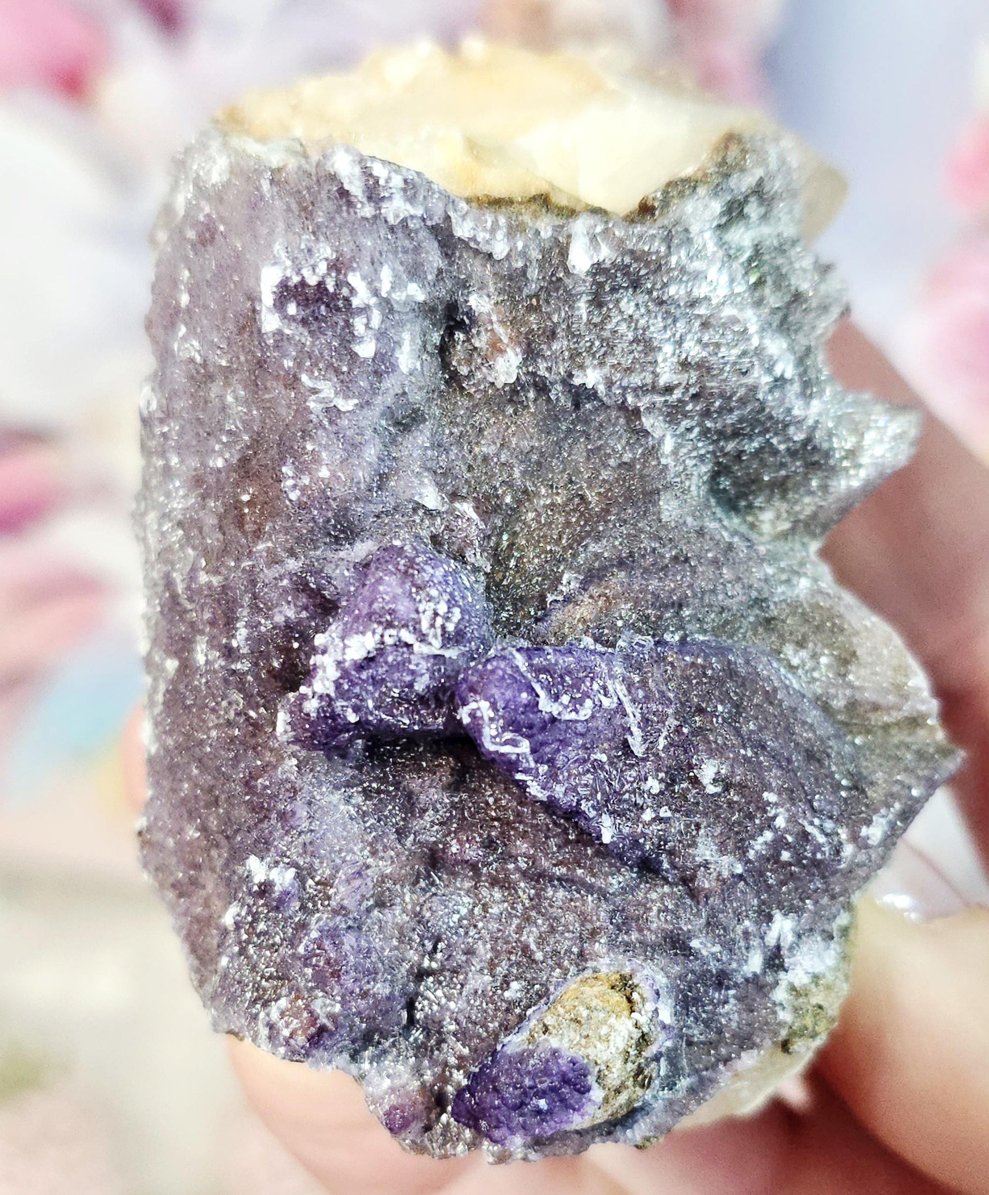 Purple Yttrofluorite on Dogtooth Calcite Specimen, Flashy Crystal, 3.5 inch</em></strong>