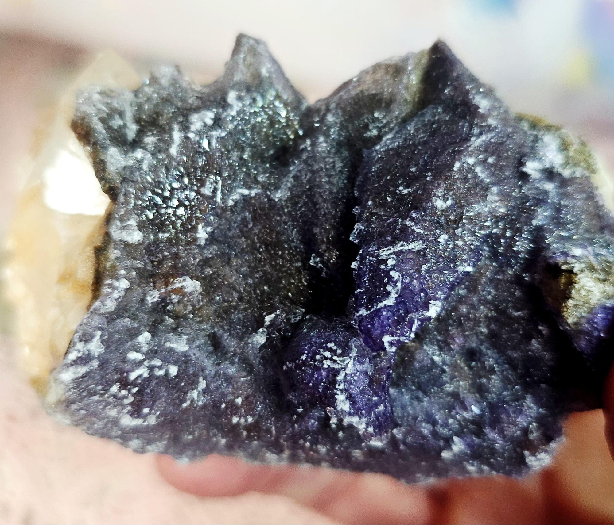Purple Yttrofluorite on Dogtooth Calcite Specimen, Flashy Crystal, 3.5 inch</em></strong>