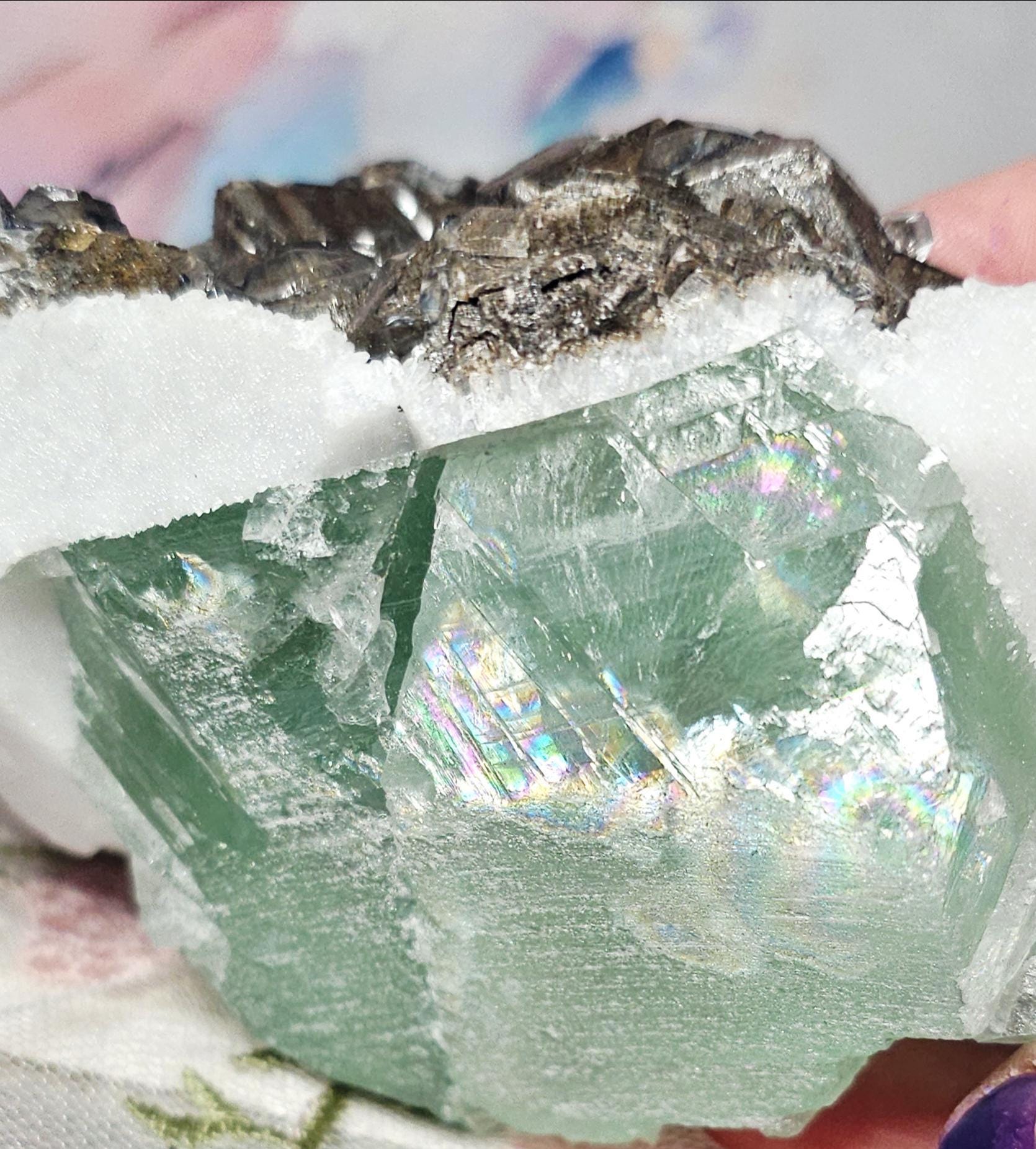 Hubei  Fluorite,  Calcite, Sugar Snow Quartz Specimen, UV Reaction, Home Decor, Crystal Gift, Specimen