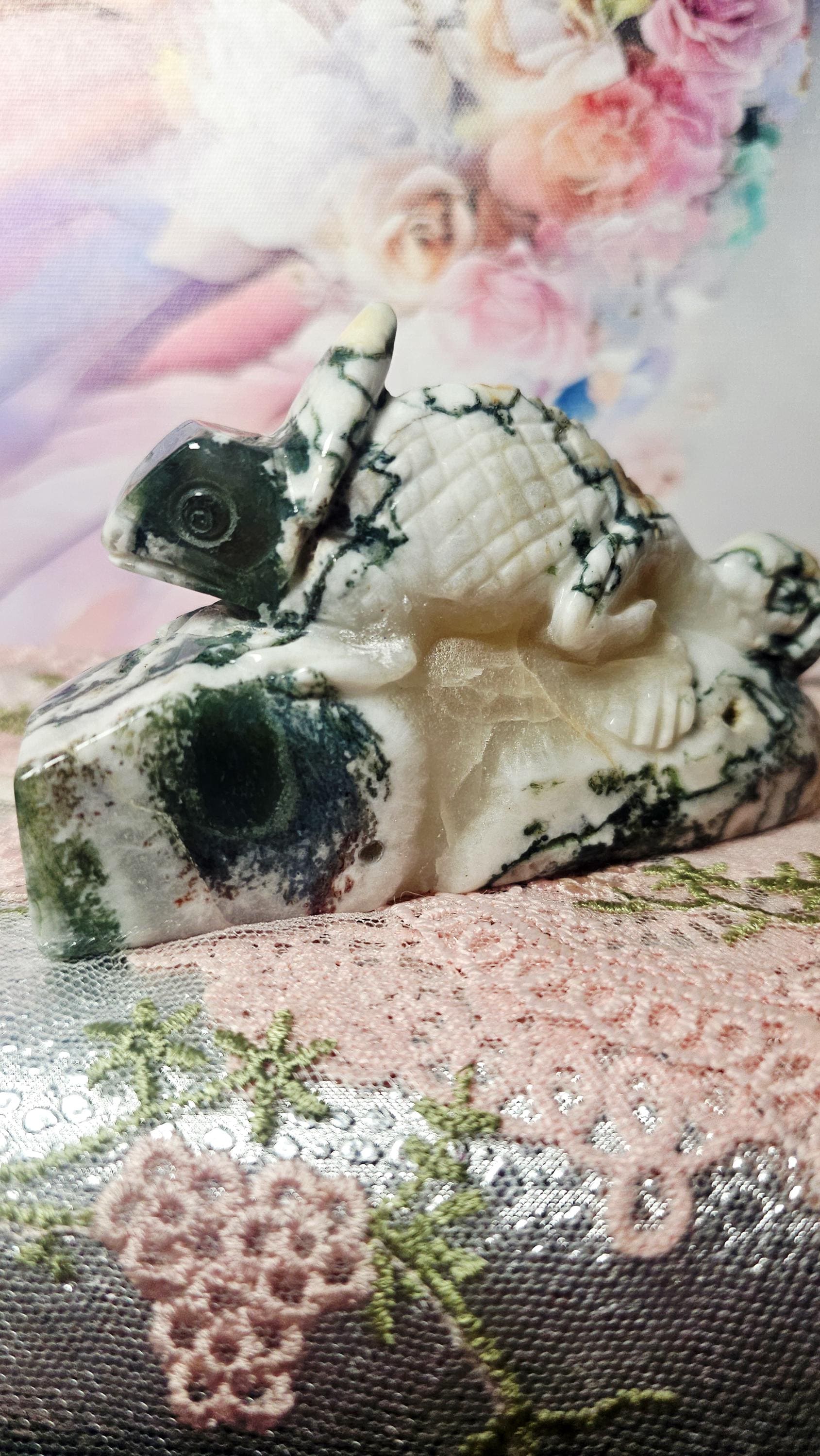 Moss Agate Lizard with Blue Chalcedony and Druzy, Iguana, Home Decor, Crystal Gift