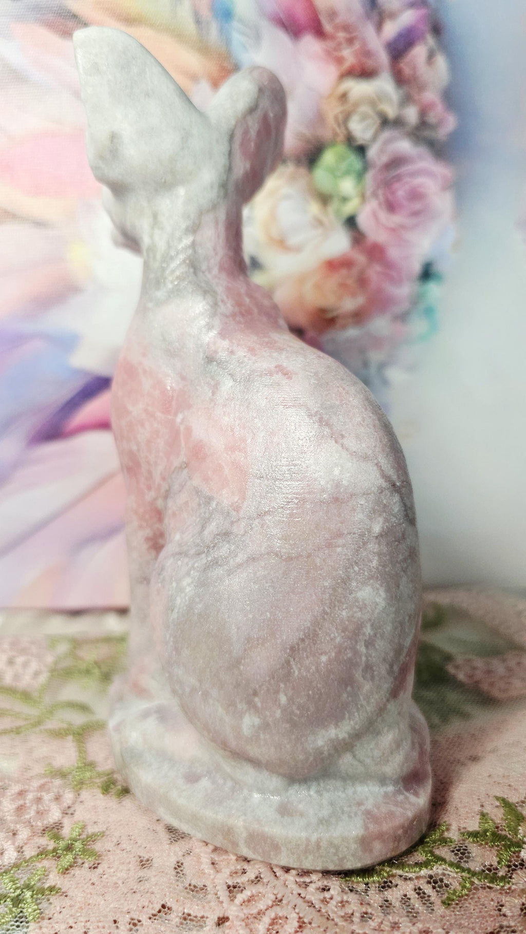 Pink Opal Egyptian Cat Carving, Peace Tranquility Gemstone, Companionship Guardianship Statue