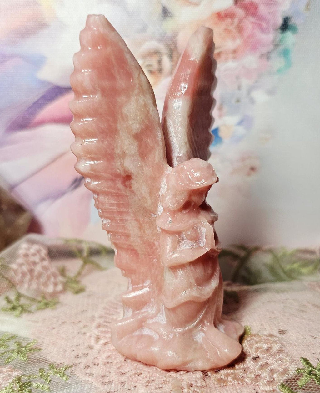 Pink Opal Angel Sculpture, Carved Stone Figurine, Tranquil Home Decor