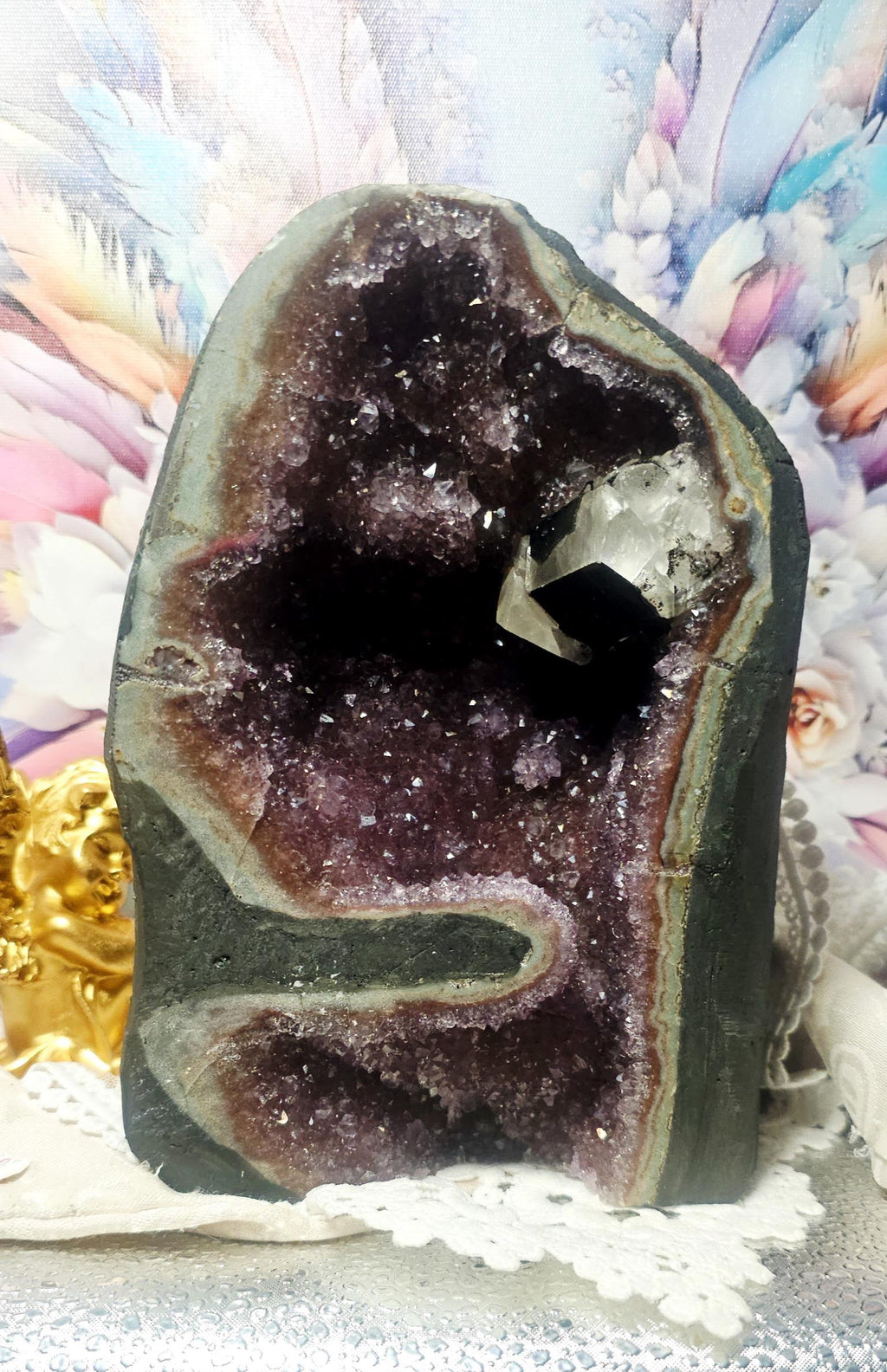 Red Amethyst Cathedral Geode with Calcite, Rainbow Crystals, Uruguay Specimen