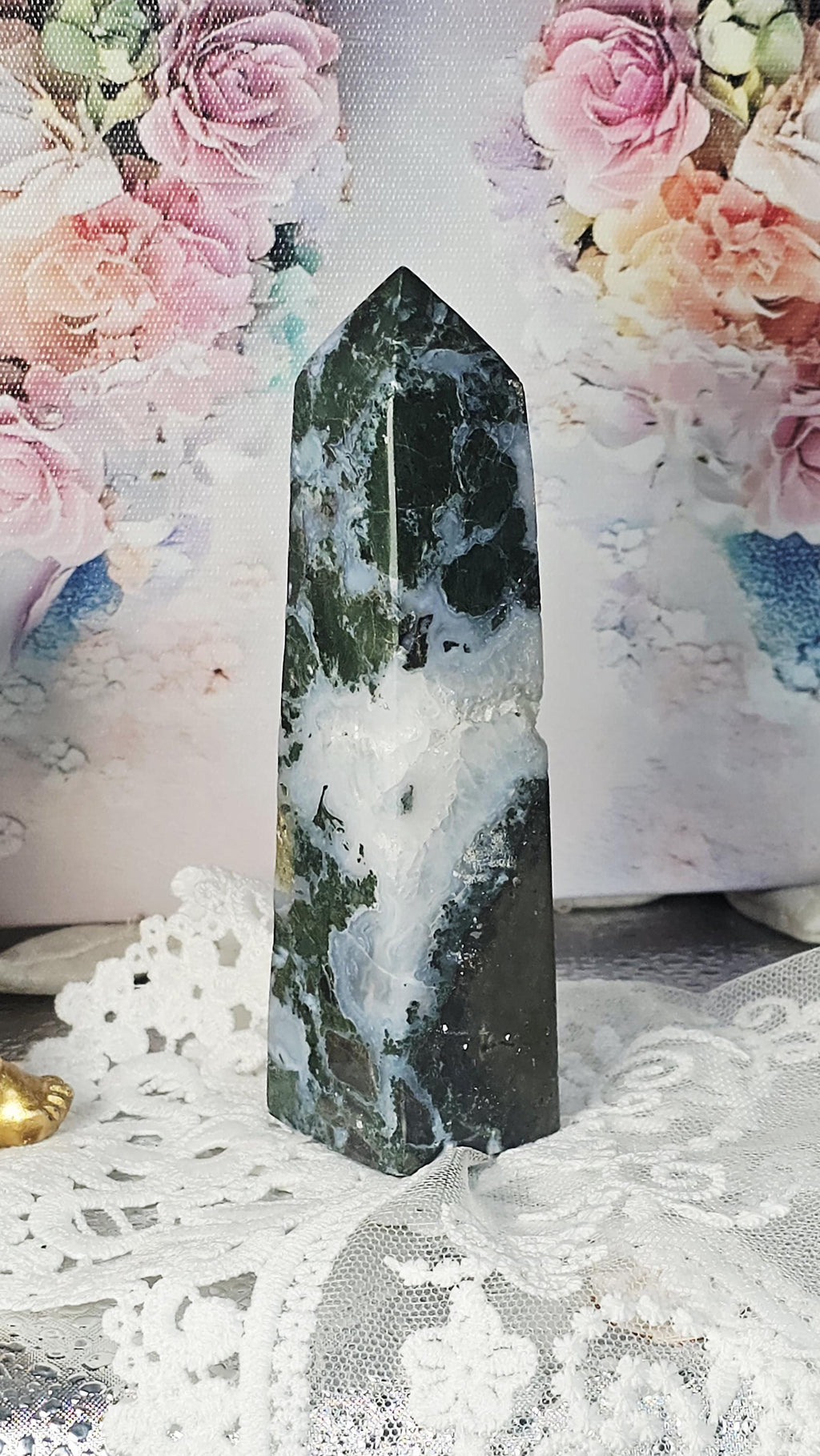 RARE Moss Agate and Pyrite Tower, Home Decor, Gift