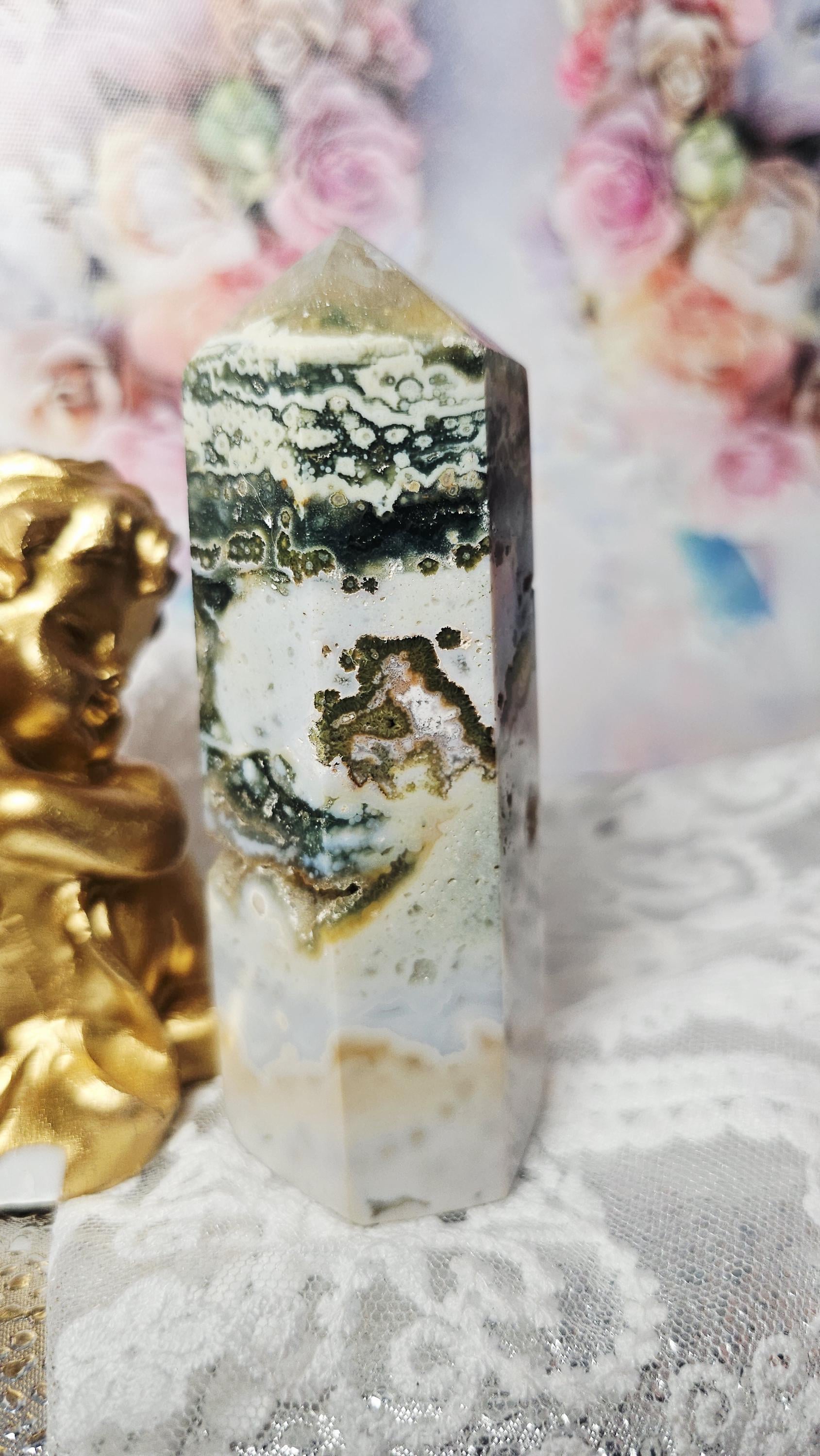 Rare Druzy Ocean Jasper and Quartz Tower, Home Decor, Gift
