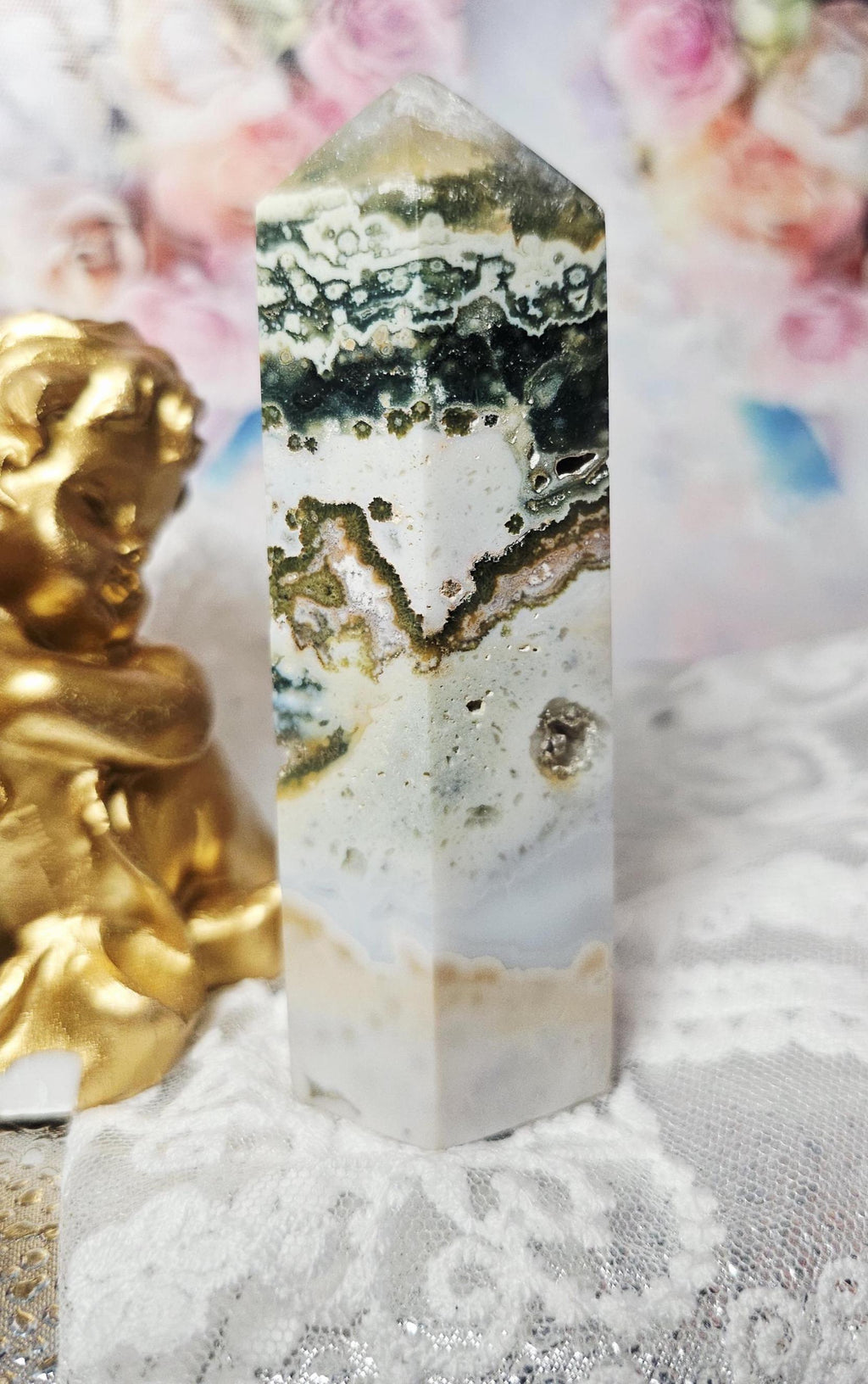 Rare Druzy Ocean Jasper and Quartz Tower, Home Decor, Gift